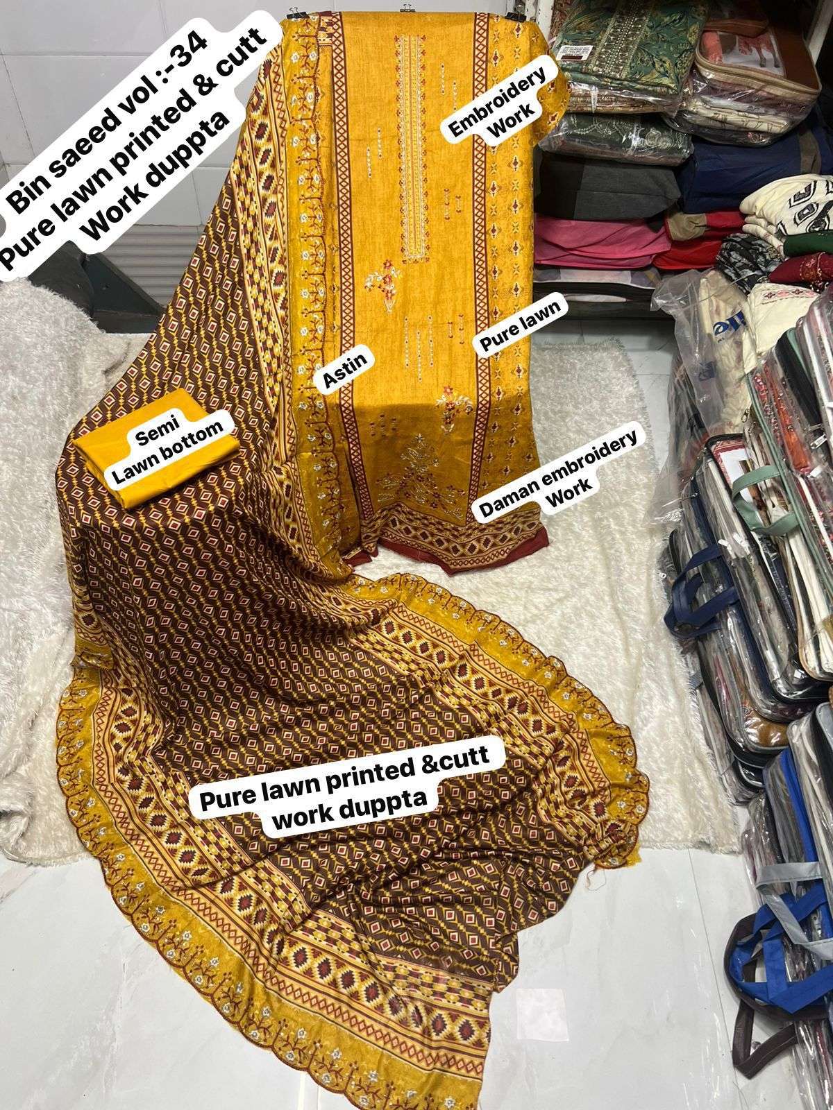 SF BIN SAEED VOL 34 LAWN COTTON FANCY WORK SALWAR KAMEEZ