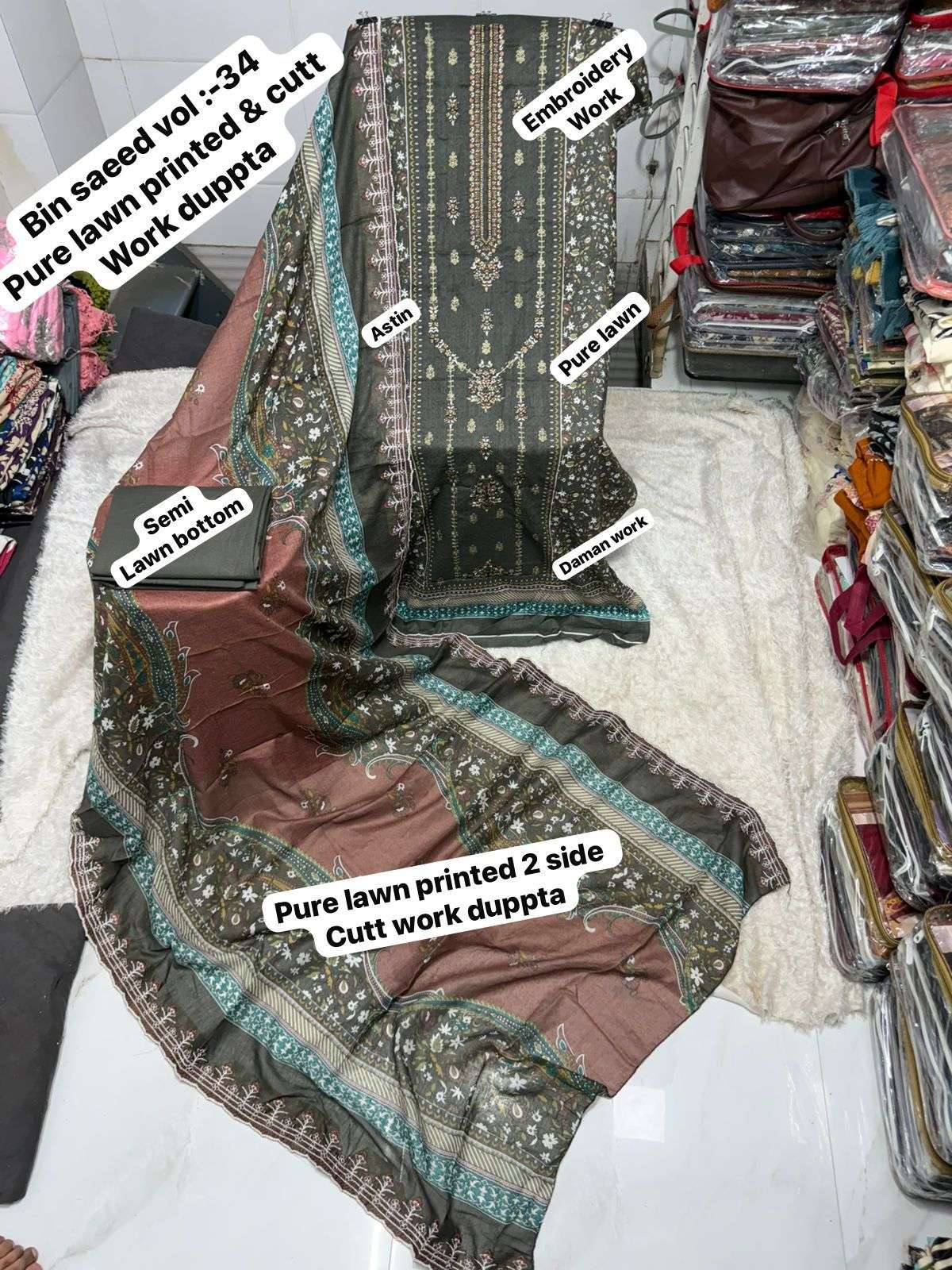 SF BIN SAEED VOL 34 LAWN COTTON FANCY WORK SALWAR KAMEEZ