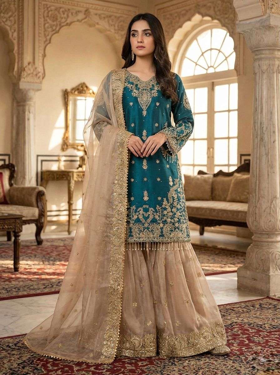 SR 1702 SILK HEAVY BEAUTIFUL EMBROIDERY DESIGNER FESTIVE WEAR LADIES SHARARA SUIT