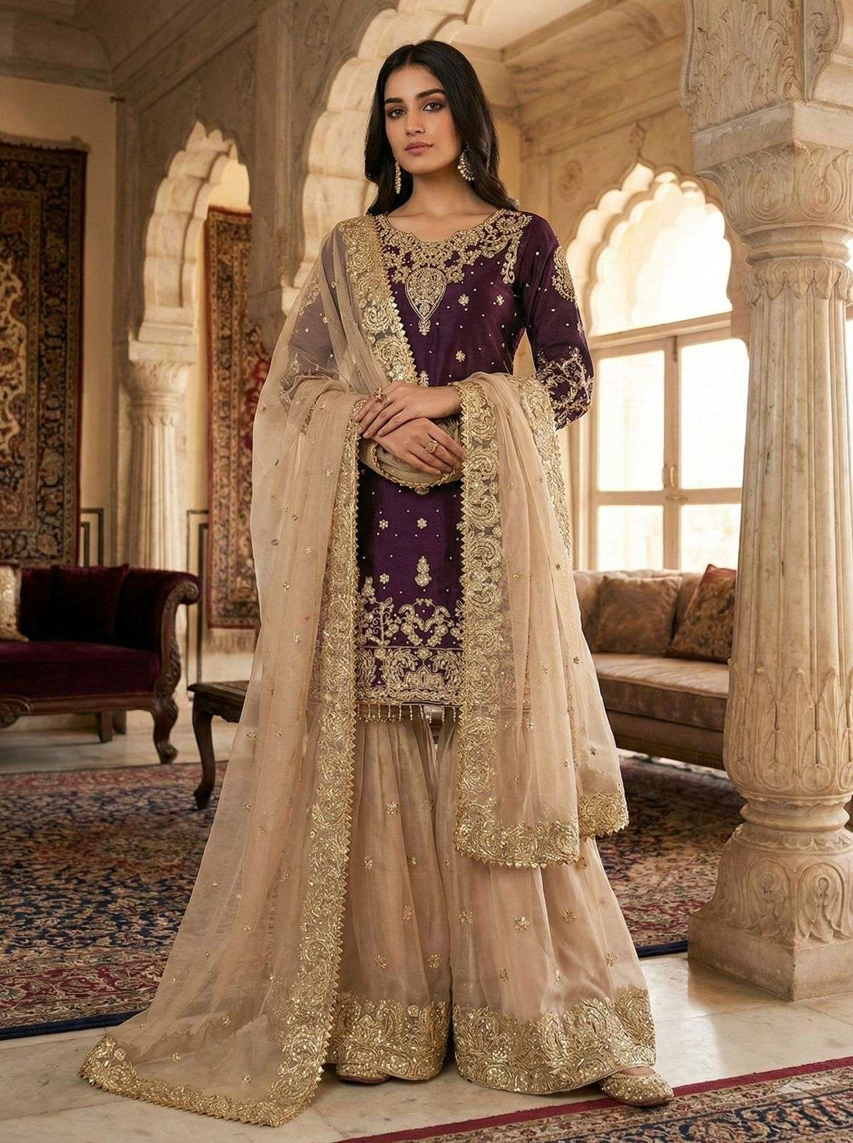 SR 1702 SILK HEAVY BEAUTIFUL EMBROIDERY DESIGNER FESTIVE WEAR LADIES SHARARA SUIT