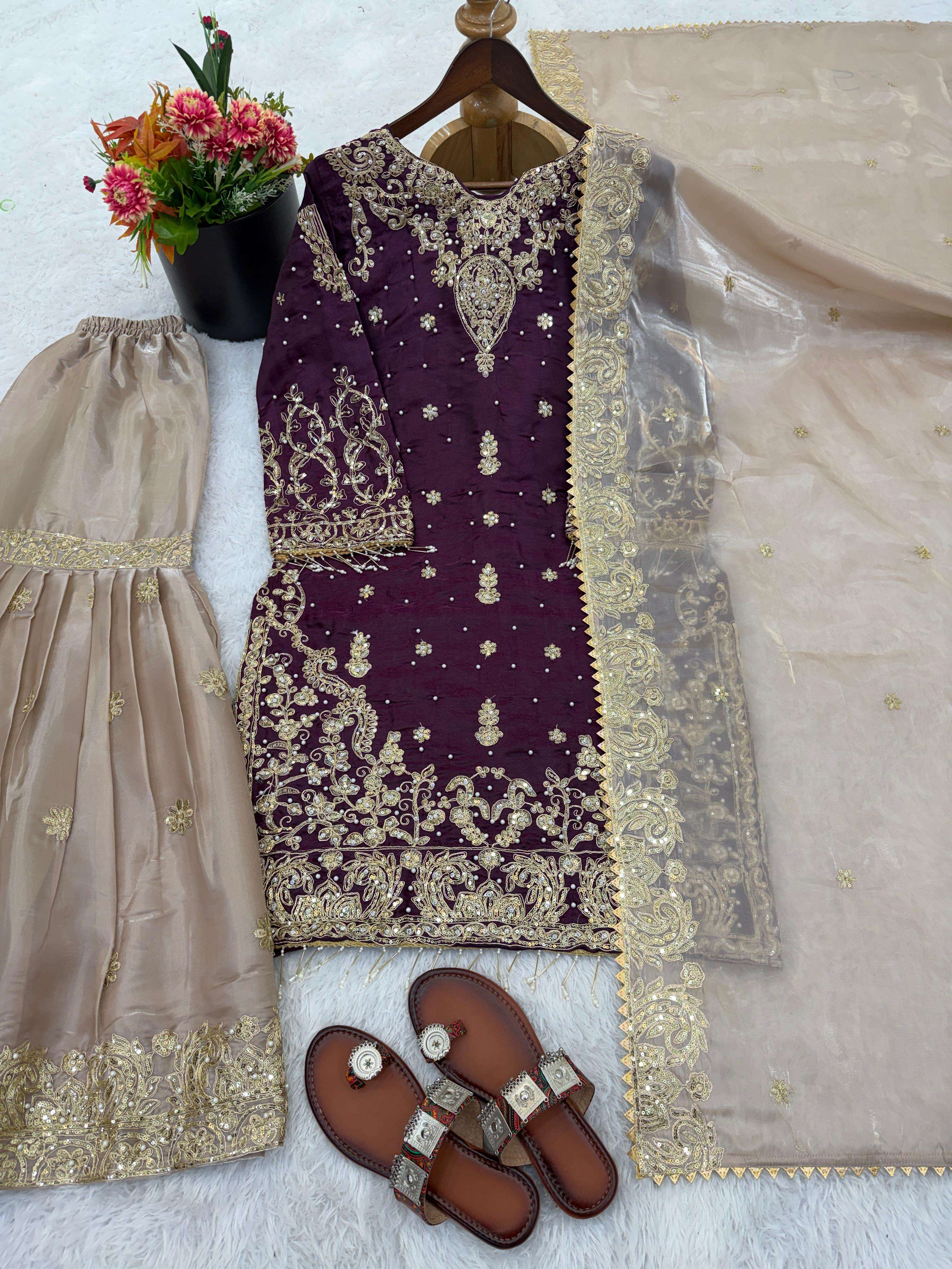 SR 1702 SILK HEAVY BEAUTIFUL EMBROIDERY DESIGNER FESTIVE WEAR LADIES SHARARA SUIT