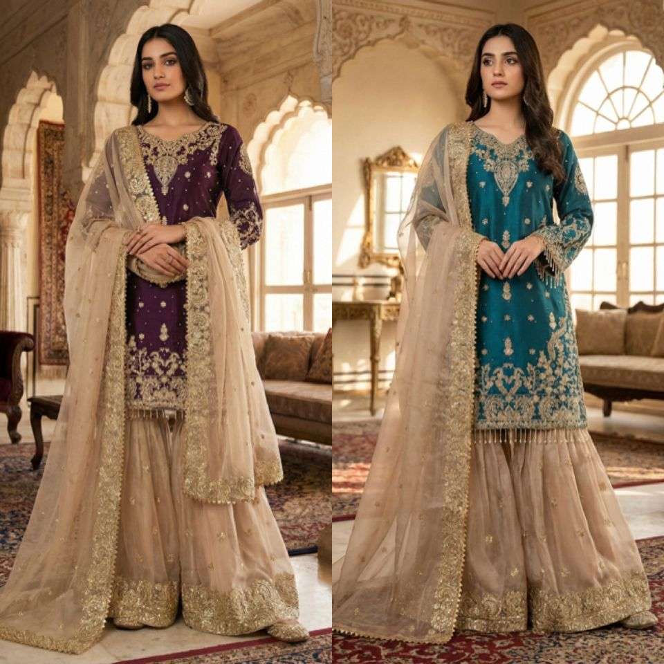 SR 1702 SILK HEAVY BEAUTIFUL EMBROIDERY DESIGNER FESTIVE WEAR LADIES SHARARA SUIT