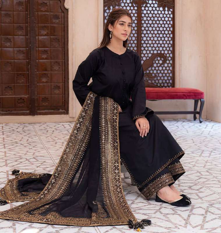 ST 237 BLACK SILK BEAUTIFUL DESIGNER PARTY WEAR LADIES SUIT