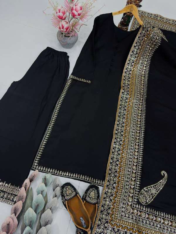 ST 237 BLACK SILK BEAUTIFUL DESIGNER PARTY WEAR LADIES SUIT