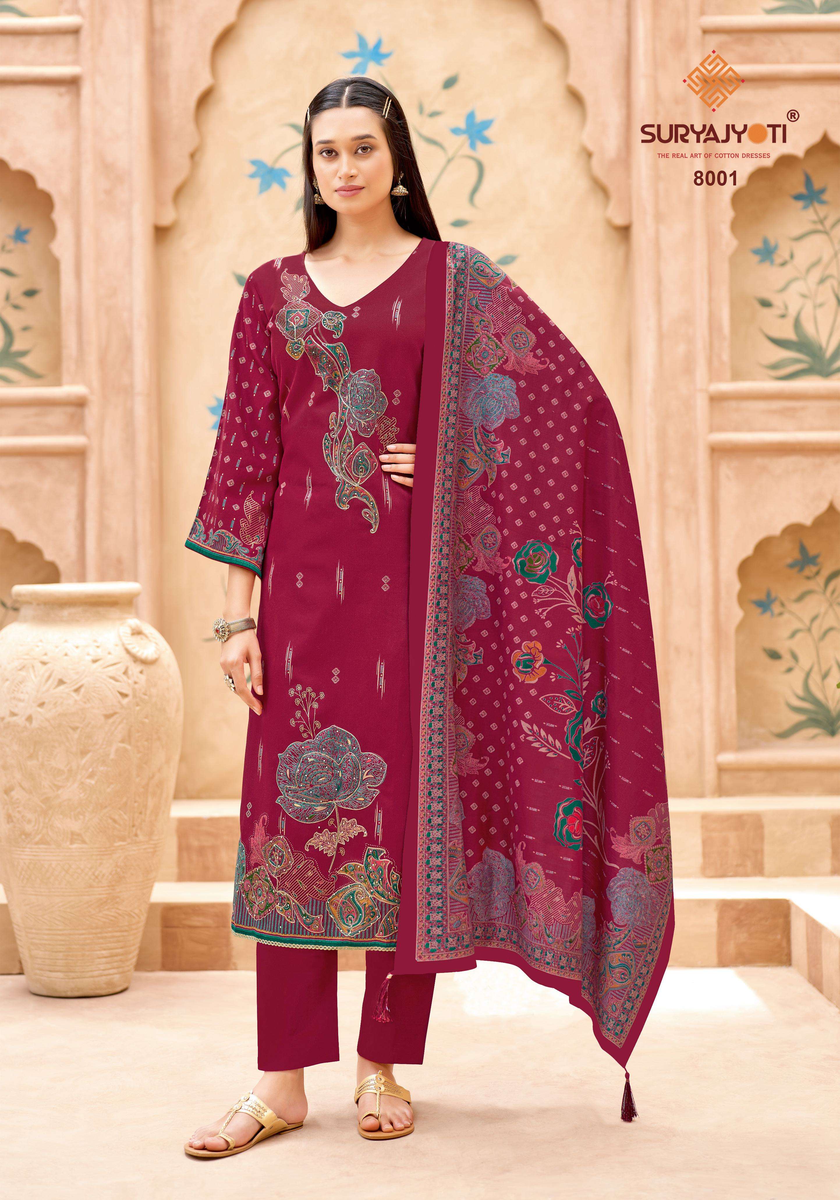 SURYAJYOTI KAARA ADVANCE VOL 8 JAM SATIN FANCY WORK SUIT