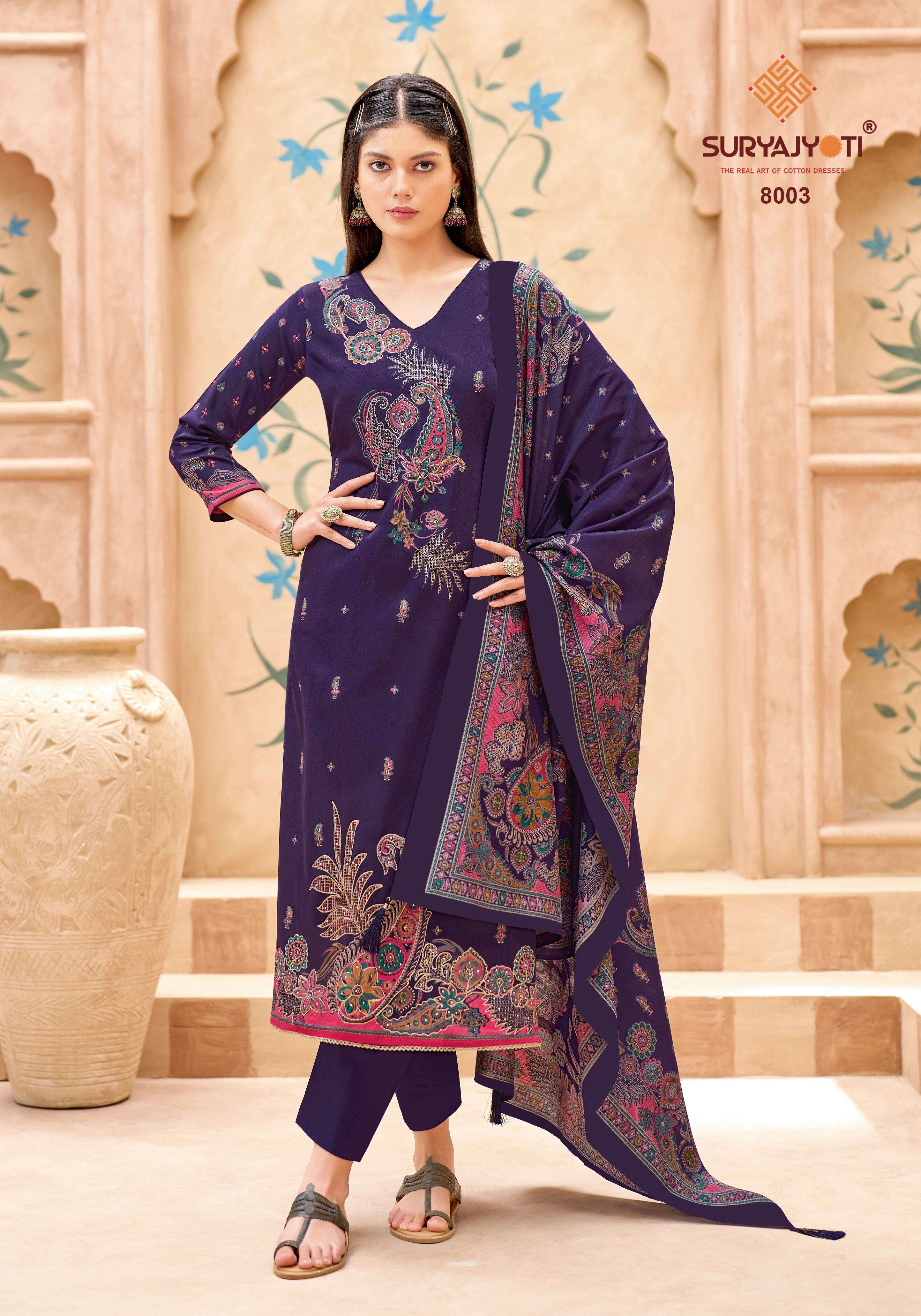 SURYAJYOTI KAARA ADVANCE VOL 8 JAM SATIN FANCY WORK SUIT