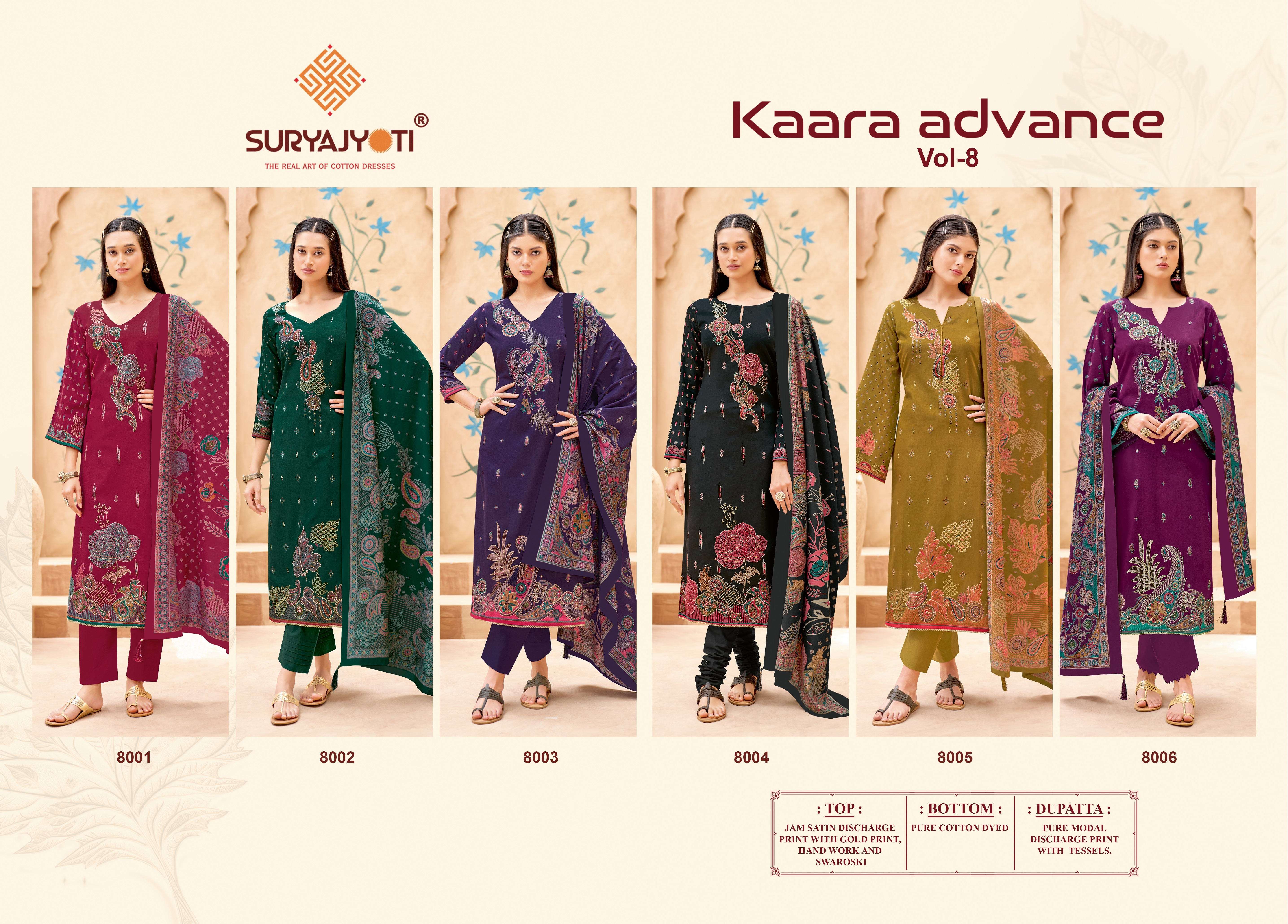 SURYAJYOTI KAARA ADVANCE VOL 8 JAM SATIN FANCY WORK SUIT