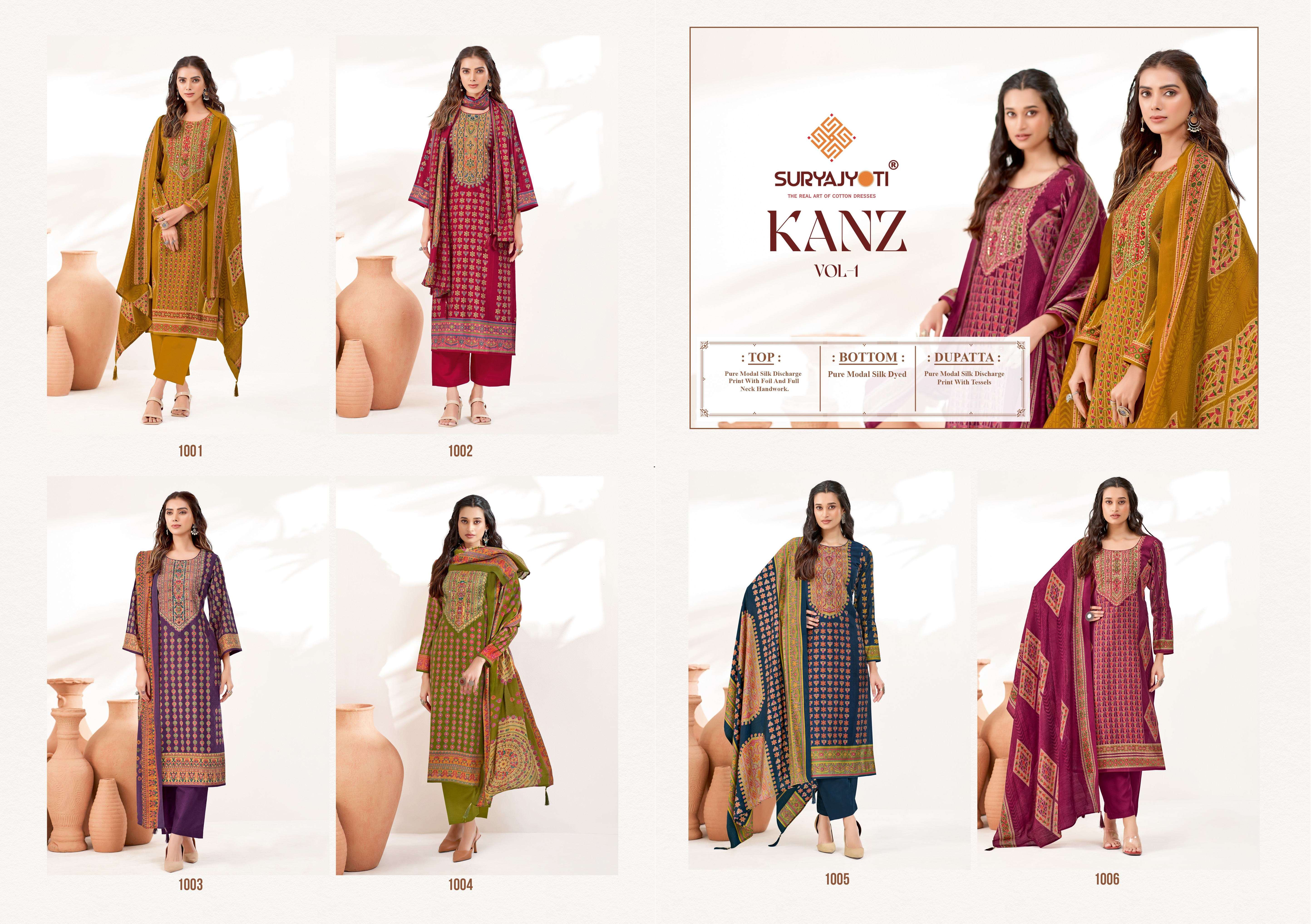SURYAJYOTI KANZ VOL 1 MODAL SILK PRINT WITH FANCY WORK LADIES SUIT