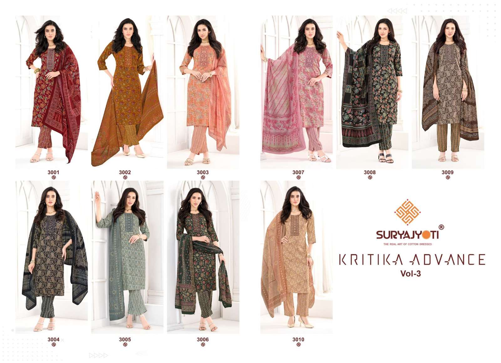 SURYAJYOTI KRITIKA ADVANCE VOL 3 RAYON PRINT FANCY WORK LADIES 3PIECE SET