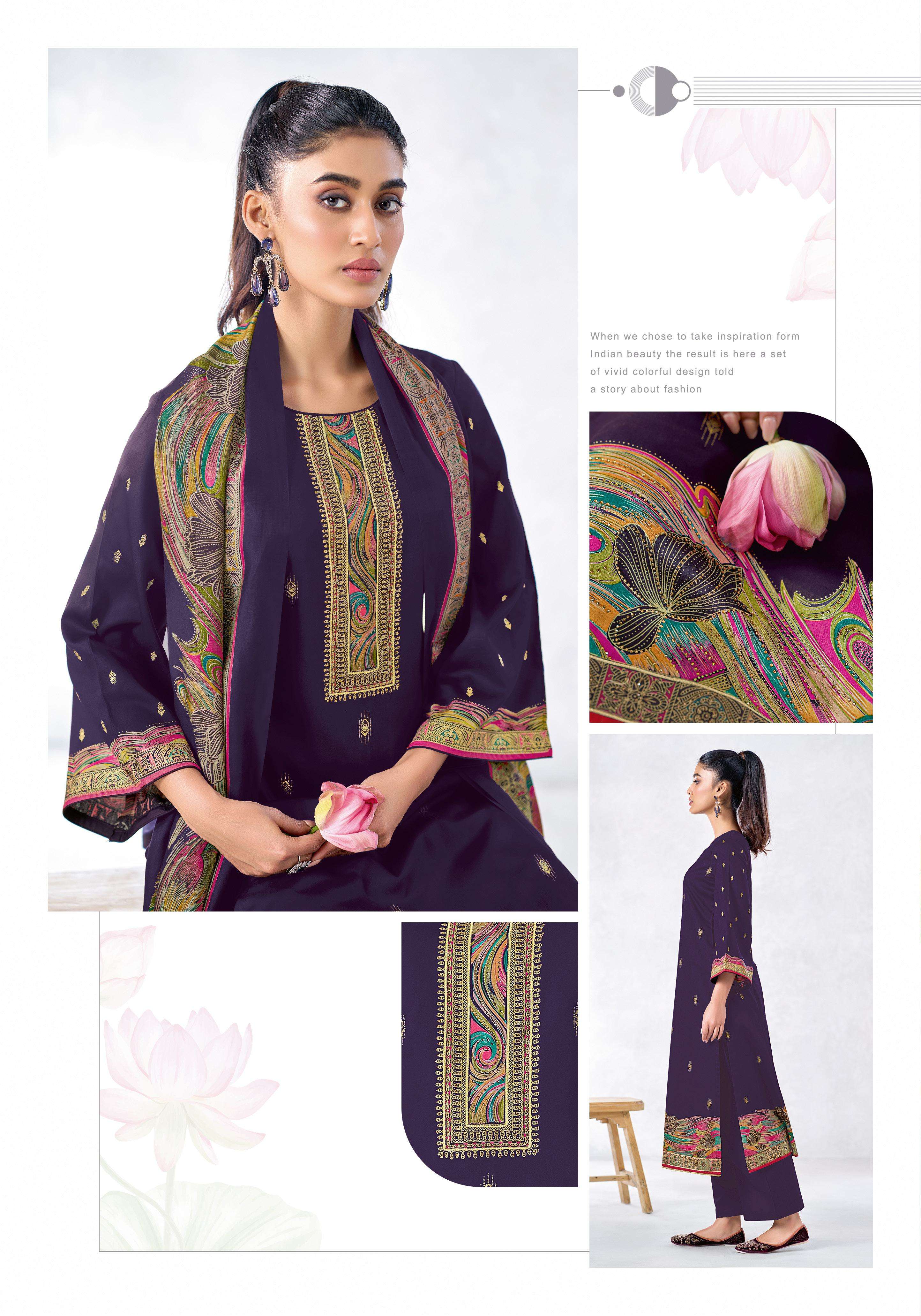 SURYAJYOTI PALLAVI VOL 8 JAM SATIN PRINT WITH FANCY SWAROVSKI WORK SUIT