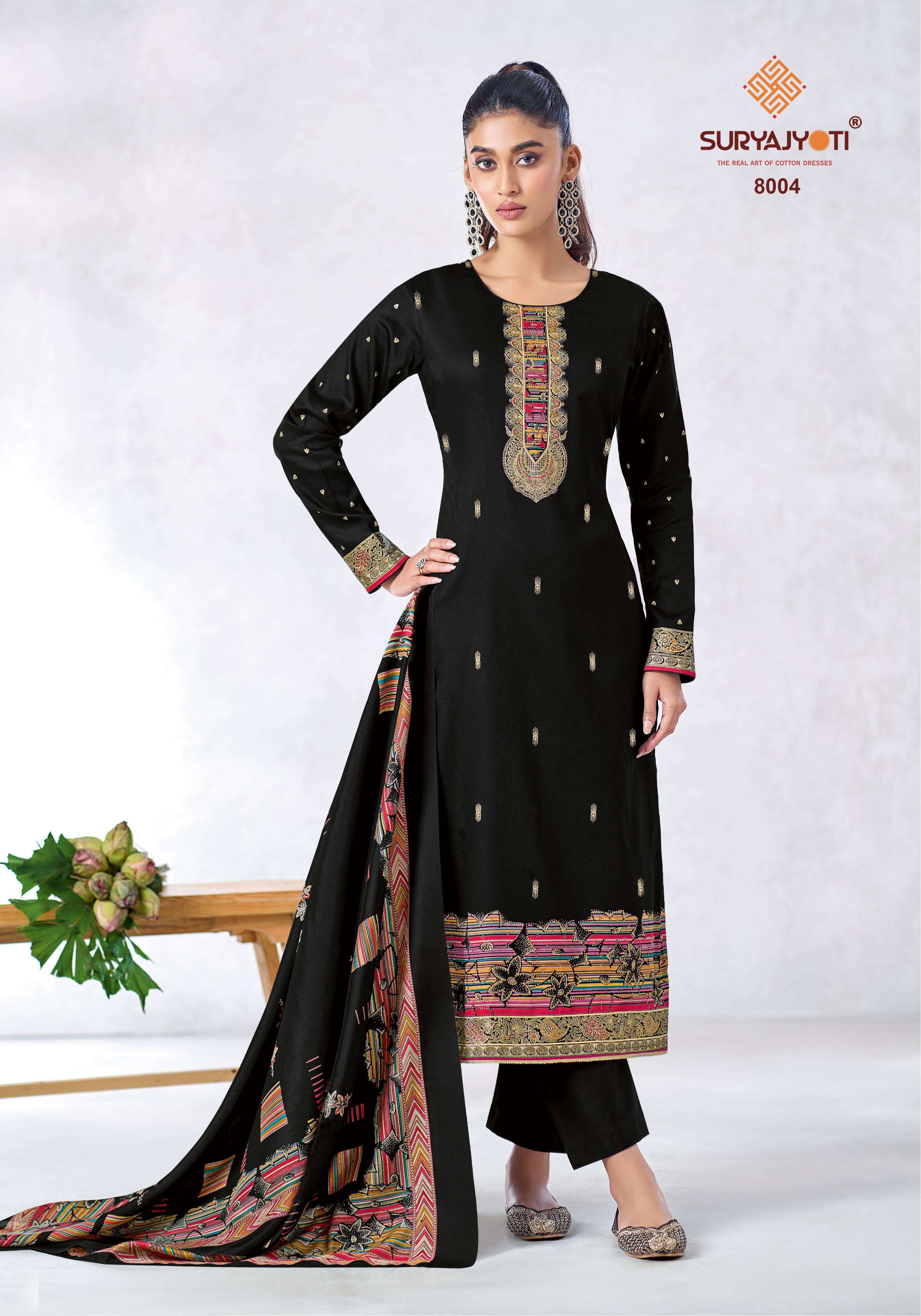 SURYAJYOTI PALLAVI VOL 8 JAM SATIN PRINT WITH FANCY SWAROVSKI WORK SUIT