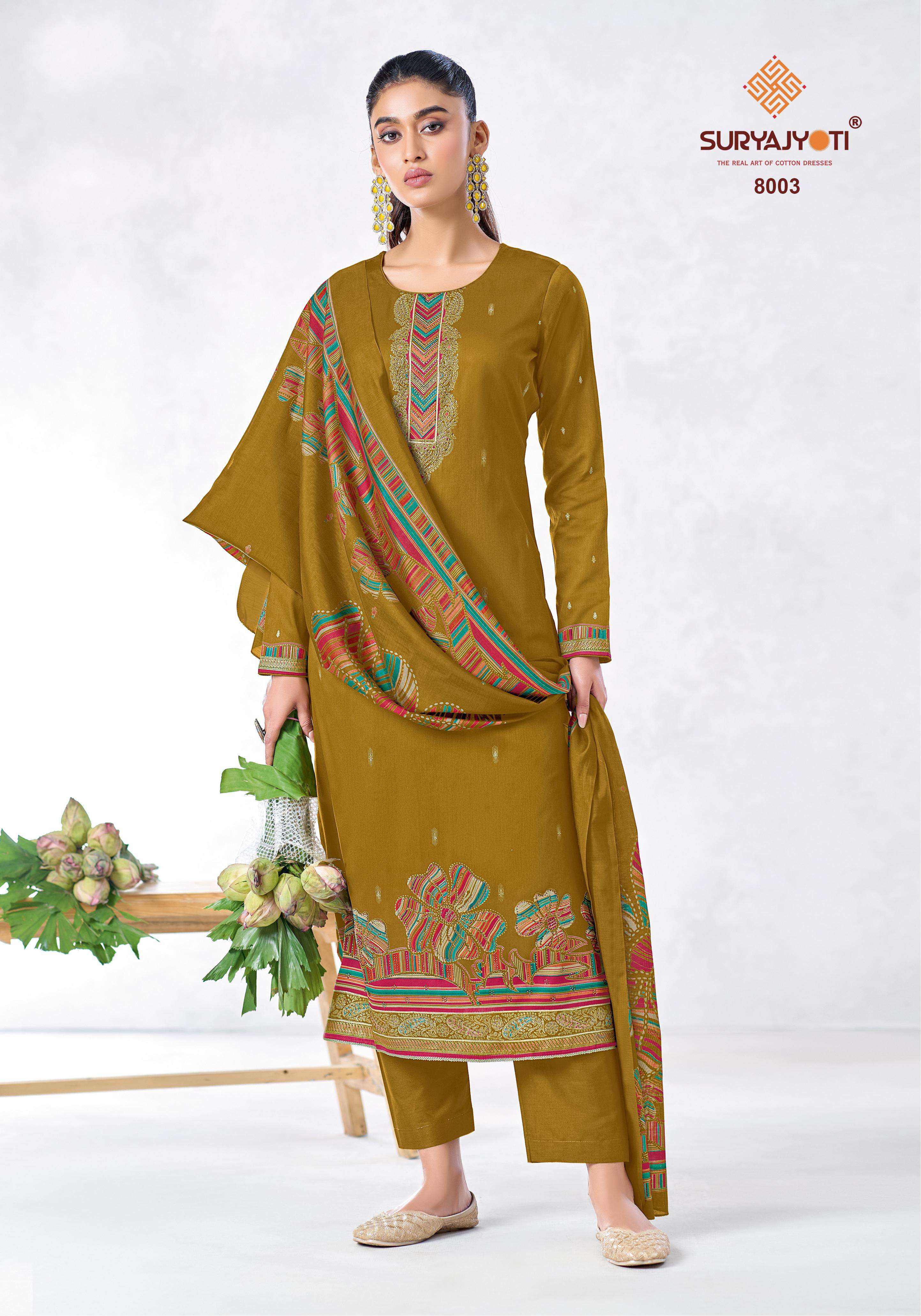 SURYAJYOTI PALLAVI VOL 8 JAM SATIN PRINT WITH FANCY SWAROVSKI WORK SUIT