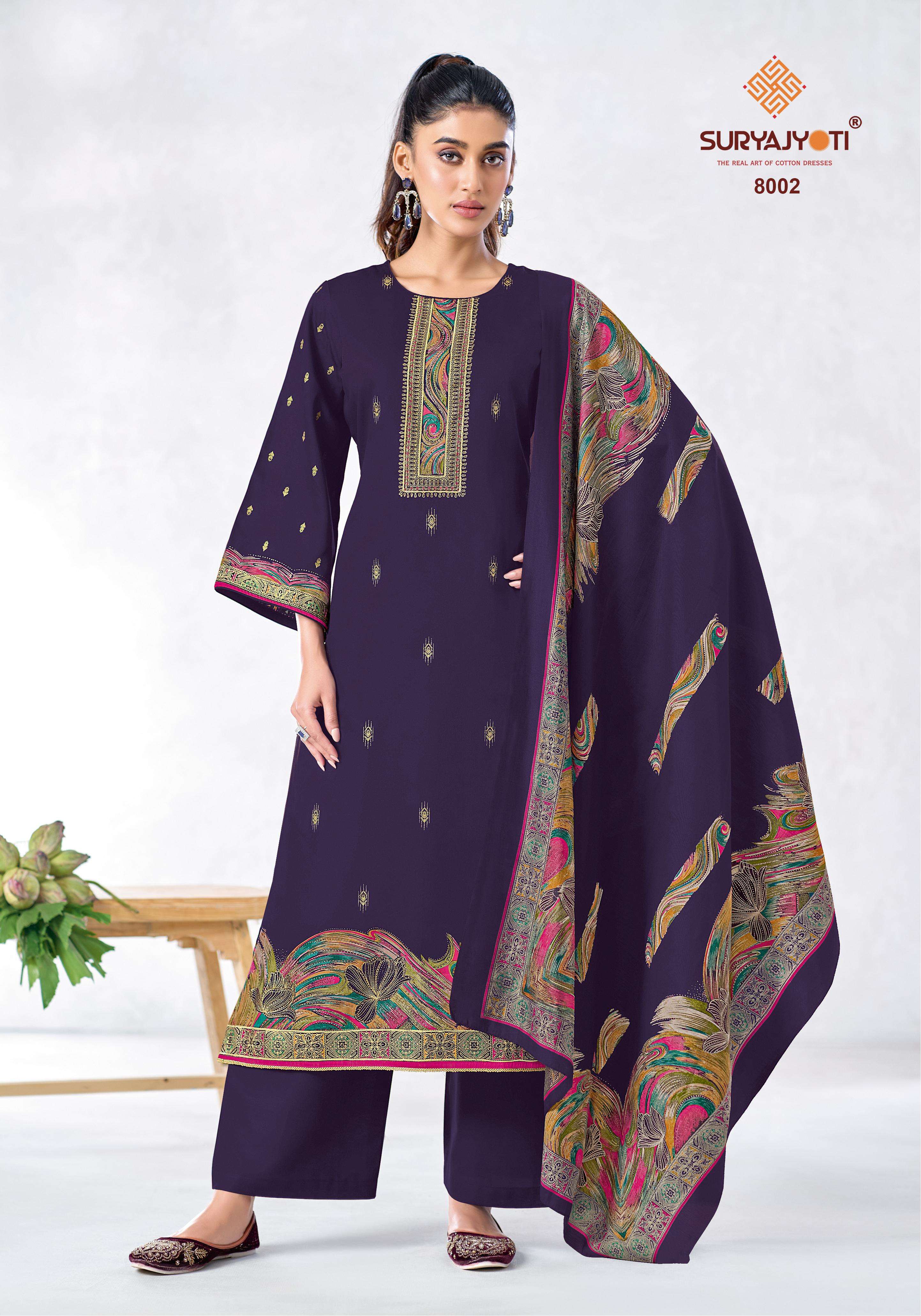 SURYAJYOTI PALLAVI VOL 8 JAM SATIN PRINT WITH FANCY SWAROVSKI WORK SUIT