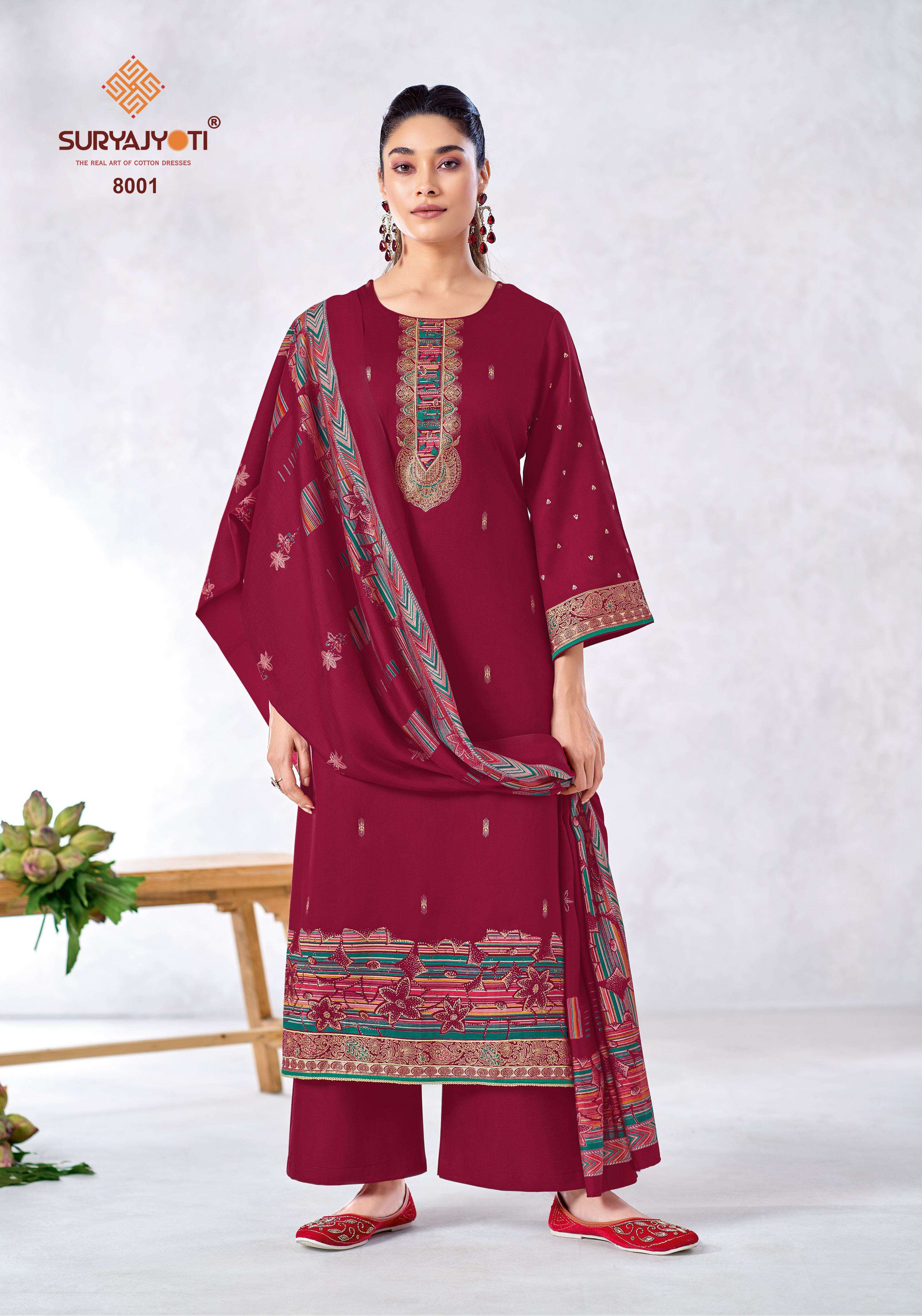 SURYAJYOTI PALLAVI VOL 8 JAM SATIN PRINT WITH FANCY SWAROVSKI WORK SUIT