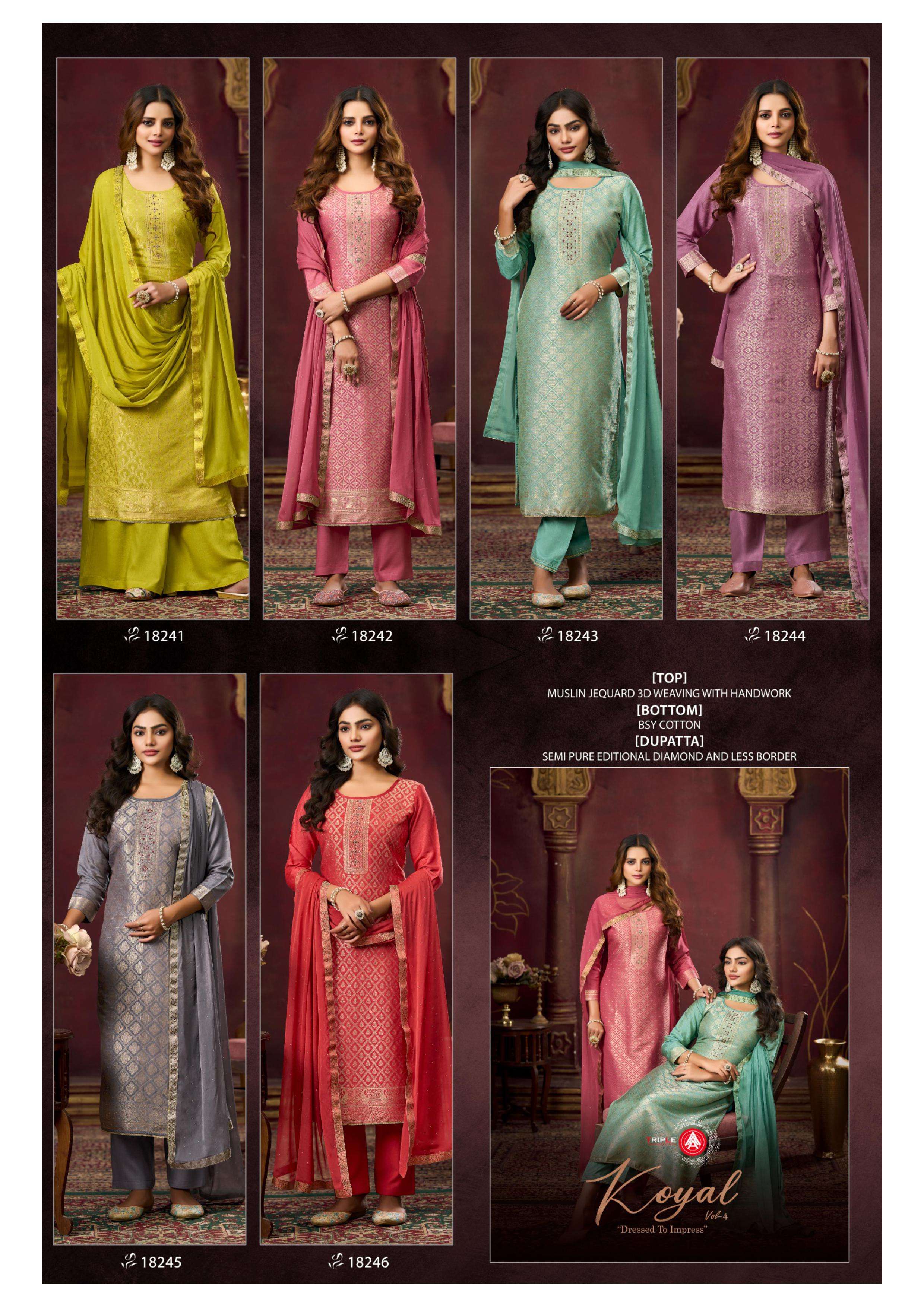 TRIPLE AAA KOYAL VOL 4 MUSLIN JACQUARD DESIGNER WORK LADIES SUIT