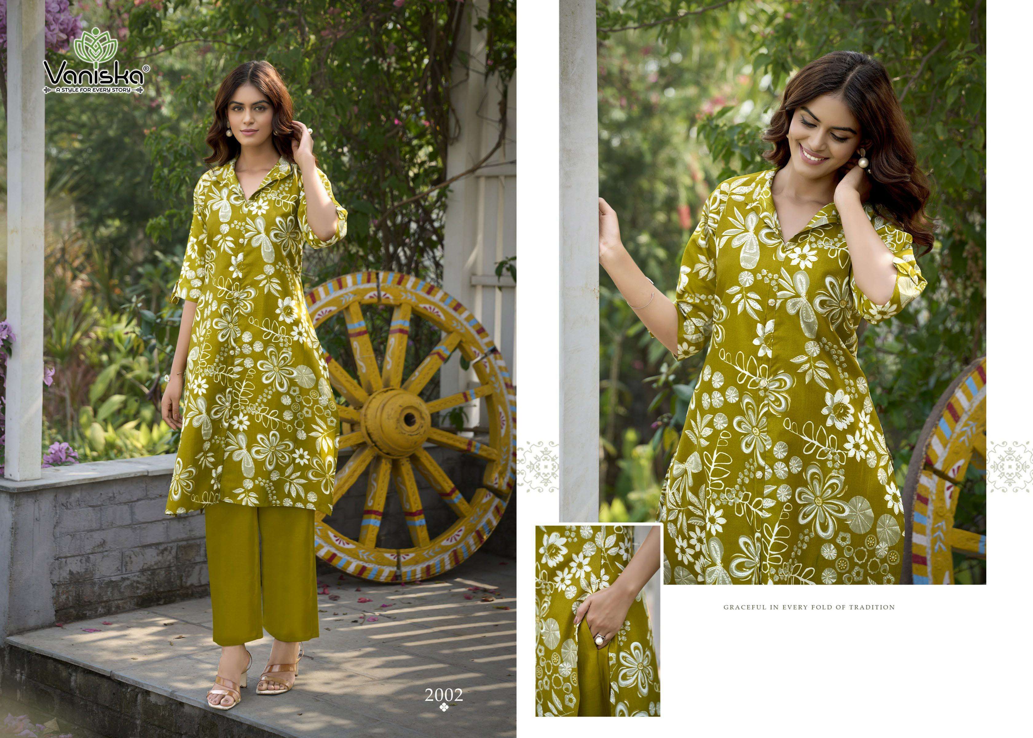 VANISKA FLOWER VELLY VOL 2 FANCY PRINT A LINE CUT STYLE KURTI WITH BOTTOM PAIR 