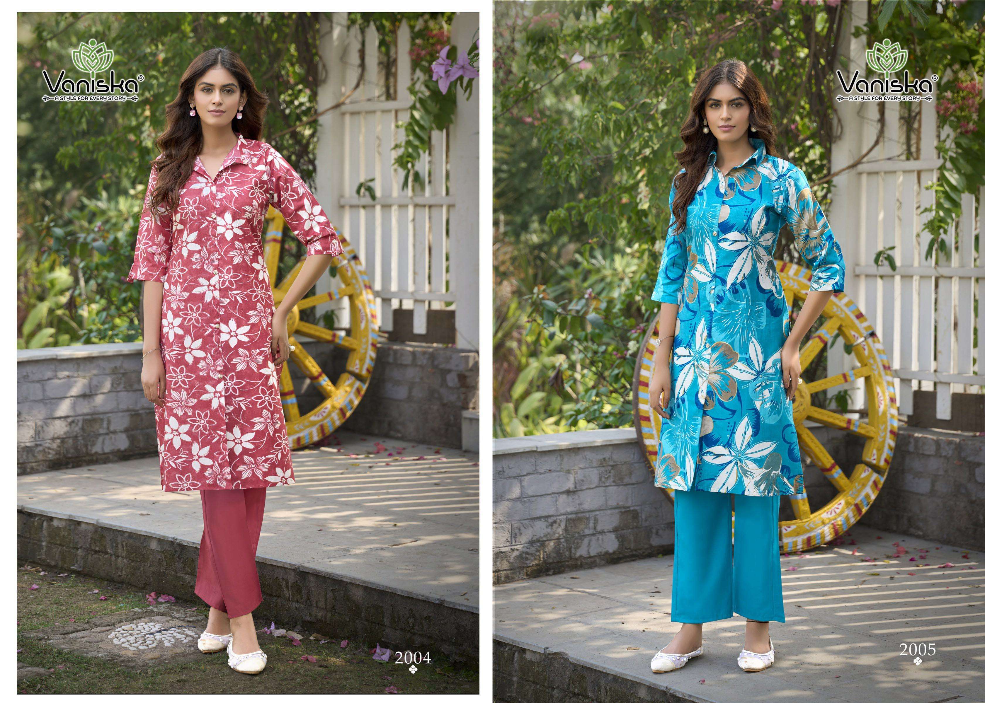 VANISKA FLOWER VELLY VOL 2 FANCY PRINT A LINE CUT STYLE KURTI WITH BOTTOM PAIR 