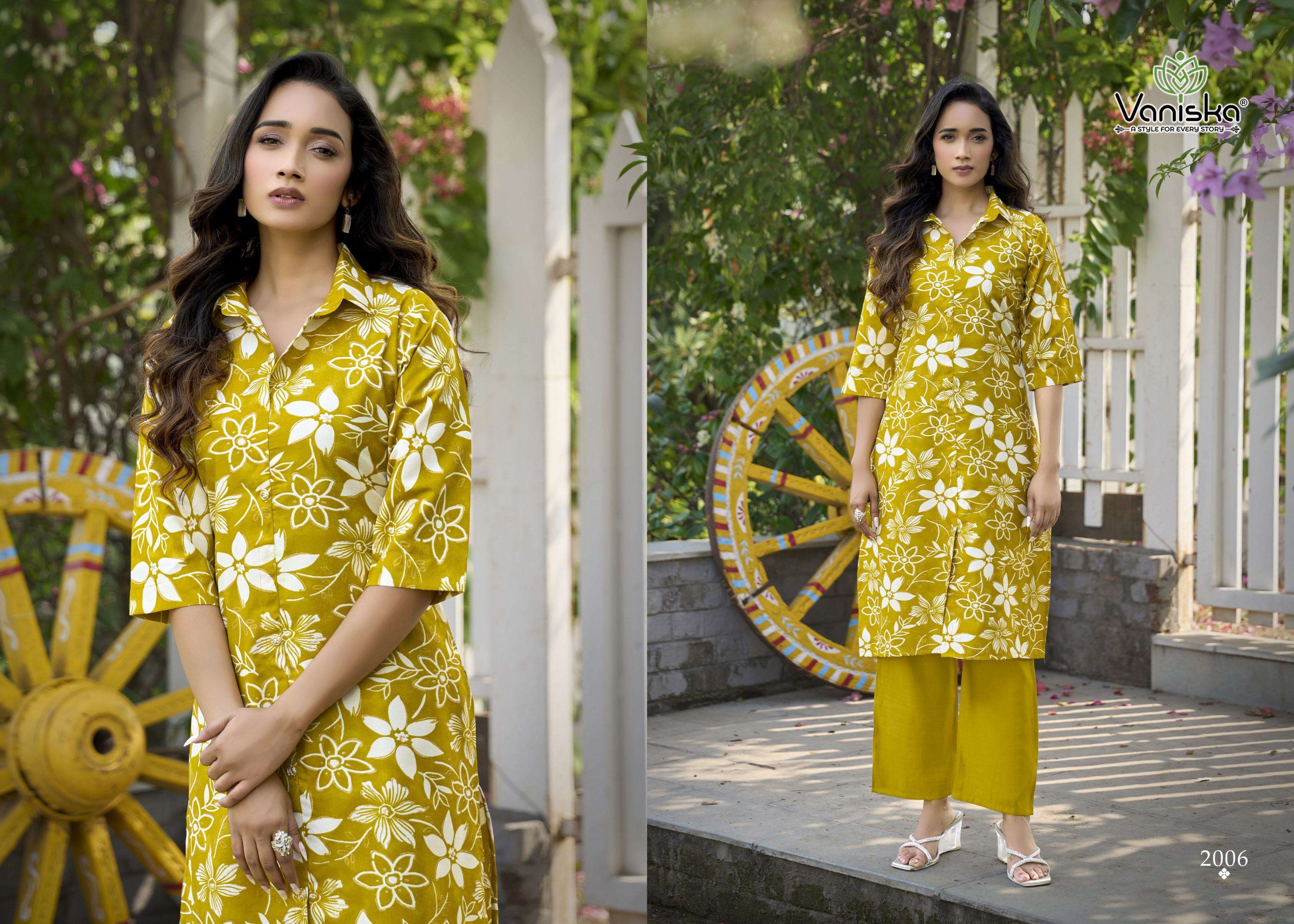 VANISKA FLOWER VELLY VOL 2 FANCY PRINT A LINE CUT STYLE KURTI WITH BOTTOM PAIR 