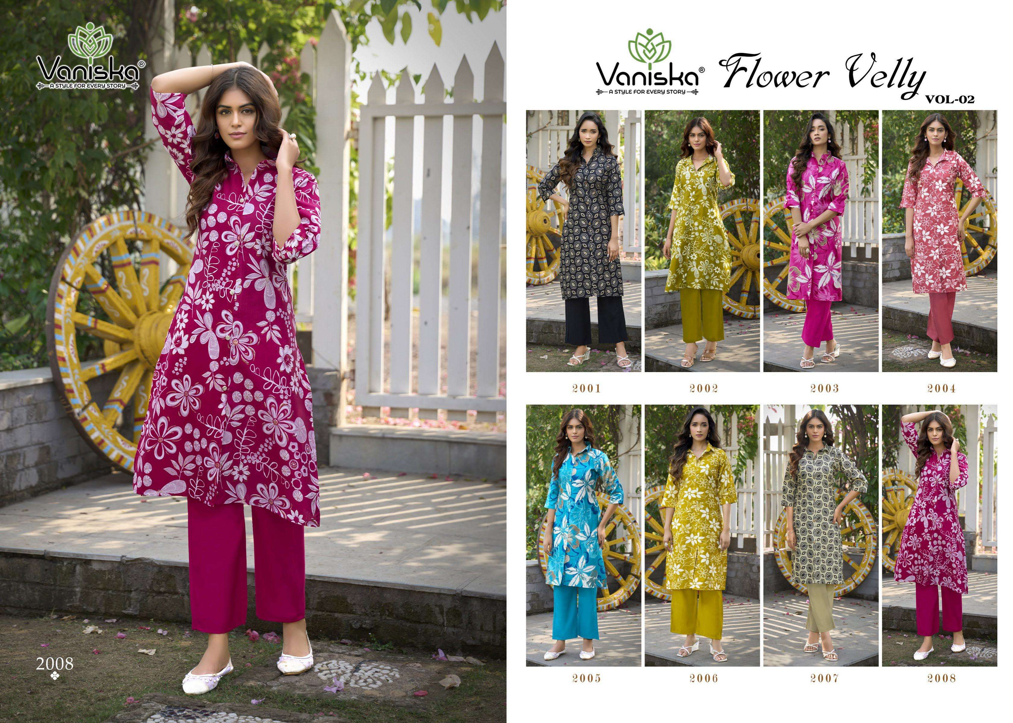 VANISKA FLOWER VELLY VOL 2 FANCY PRINT A LINE CUT STYLE KURTI WITH BOTTOM PAIR 