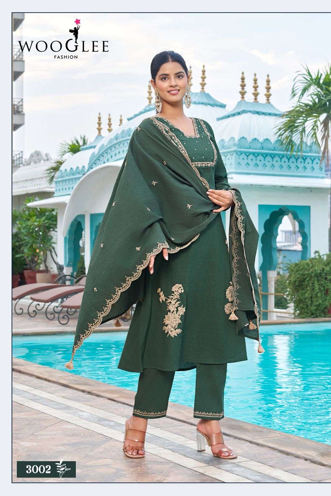 WOOGLEE LATIKA CHANDERI SILK FANCY WORKS LADIES 3PIECE SET