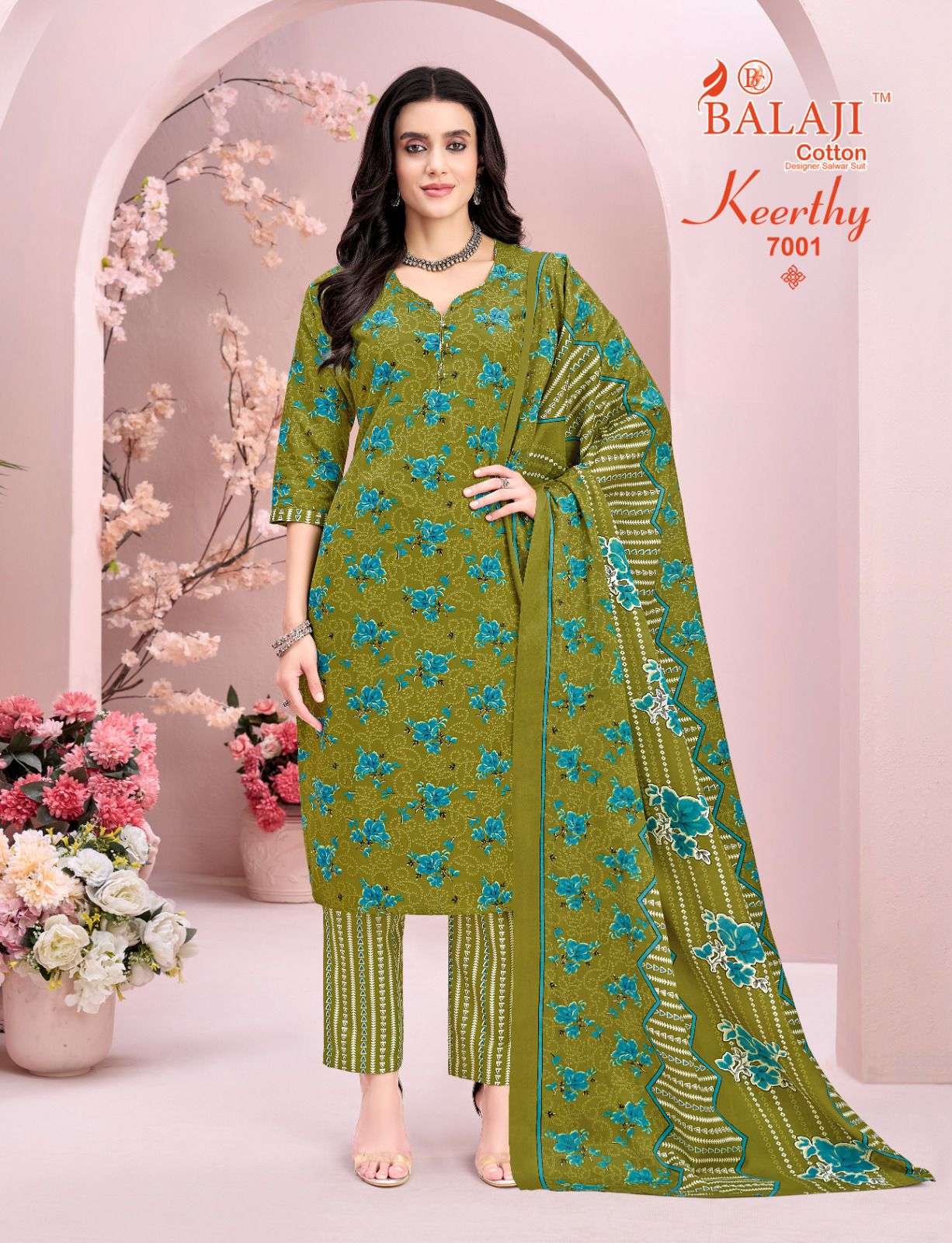 ⁠BALAJI COTTON KEERTHY VOL 7 COTTON PRINT LADIES KURTI PANT WITH DUPATTA SET 