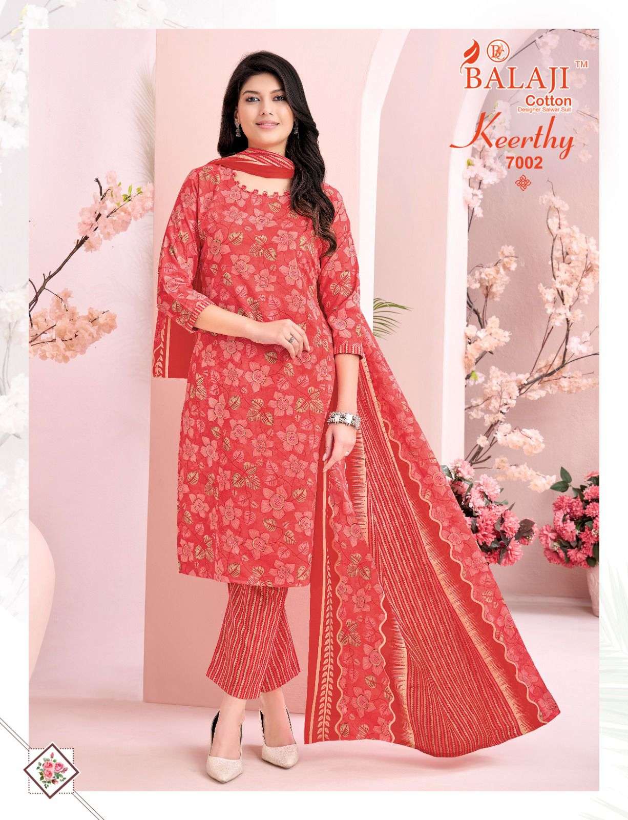 ⁠BALAJI COTTON KEERTHY VOL 7 COTTON PRINT LADIES KURTI PANT WITH DUPATTA SET 