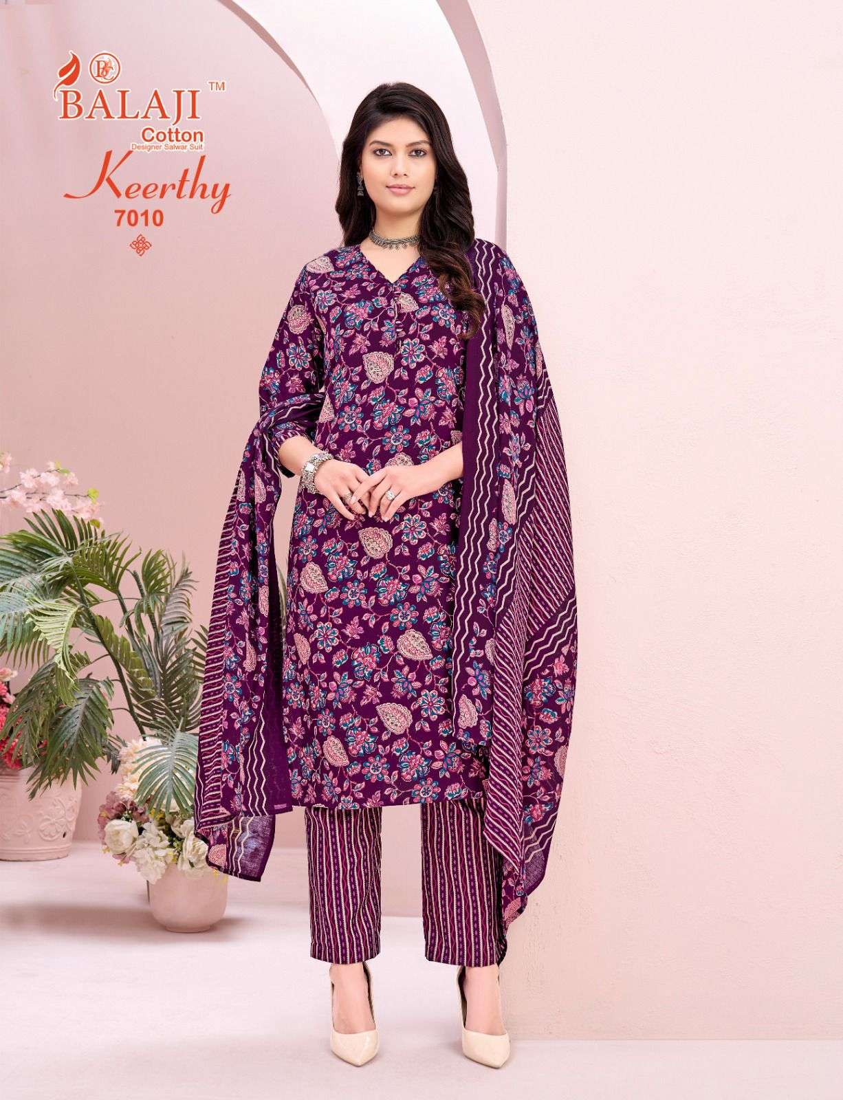 ⁠BALAJI COTTON KEERTHY VOL 7 COTTON PRINT LADIES KURTI PANT WITH DUPATTA SET 