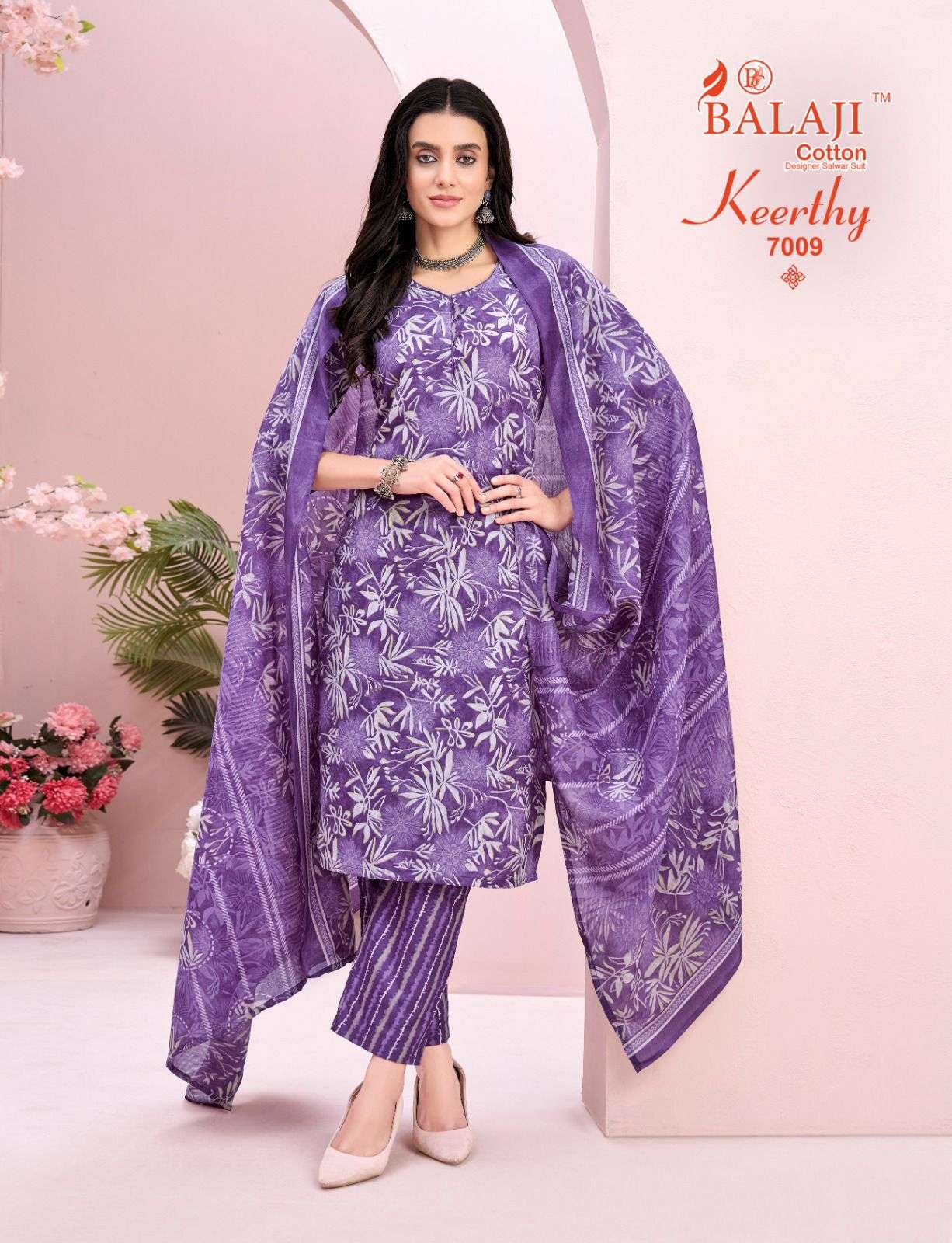 ⁠BALAJI COTTON KEERTHY VOL 7 COTTON PRINT LADIES KURTI PANT WITH DUPATTA SET 