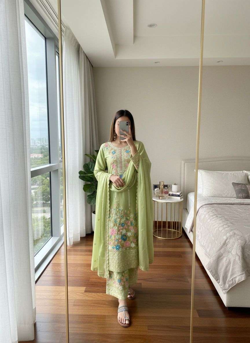 AD 140 SILK HEAVY EMBROIDERD DESIGNER TOP PLAZZO AND DUPATTA SET 