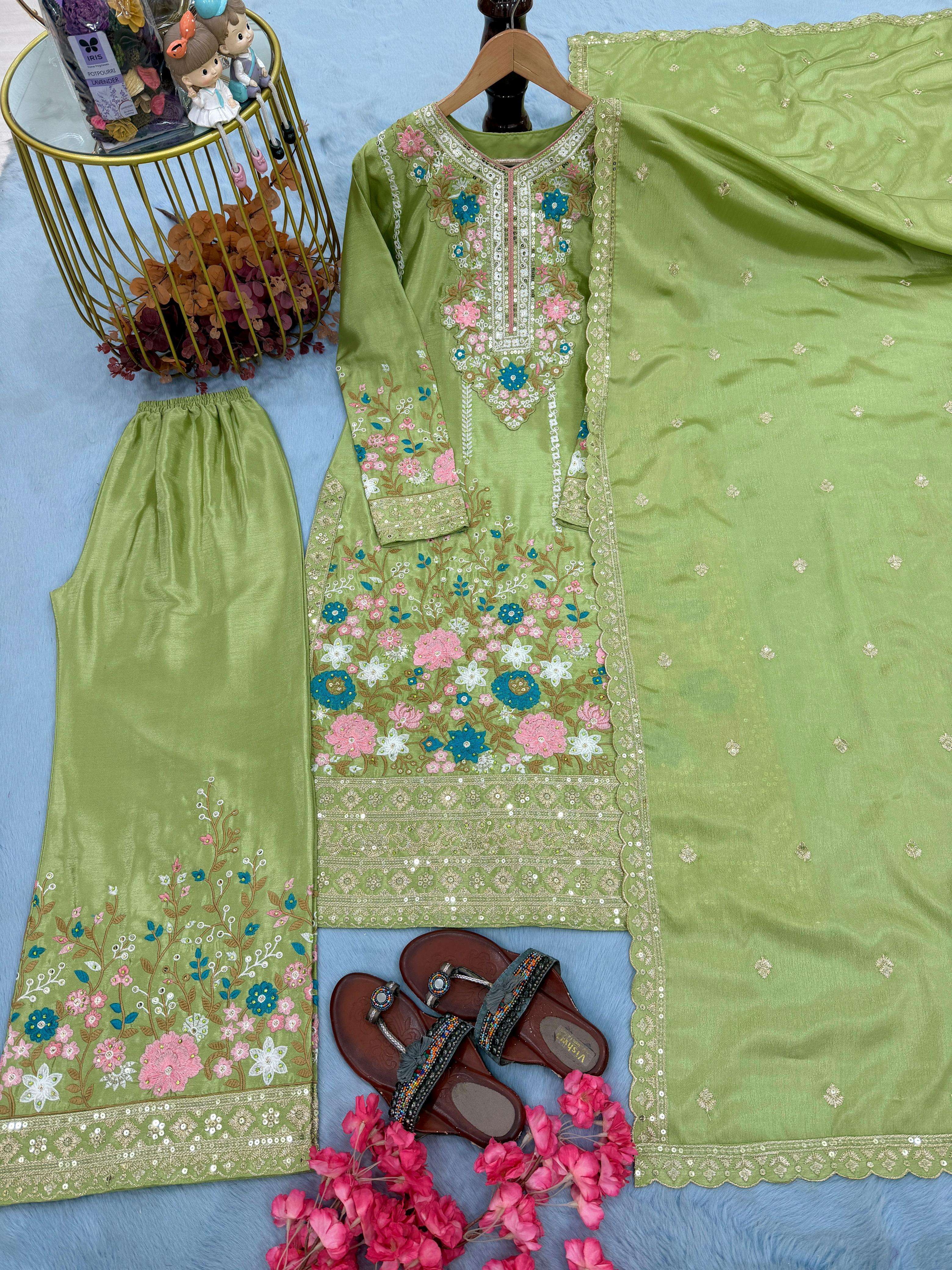 AD 140 SILK HEAVY EMBROIDERD DESIGNER TOP PLAZZO AND DUPATTA SET 