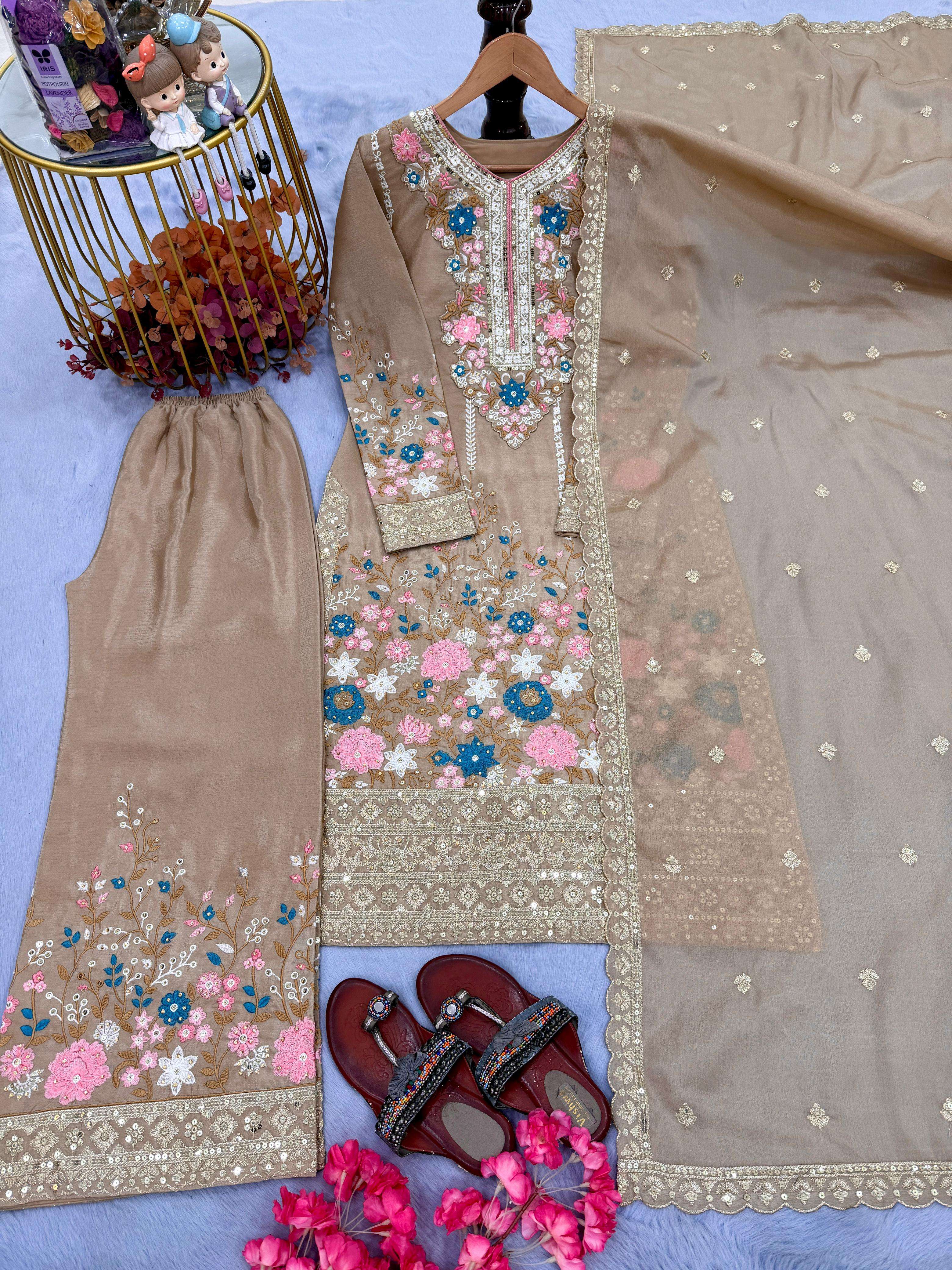 AD 140 SILK HEAVY EMBROIDERD DESIGNER TOP PLAZZO AND DUPATTA SET 