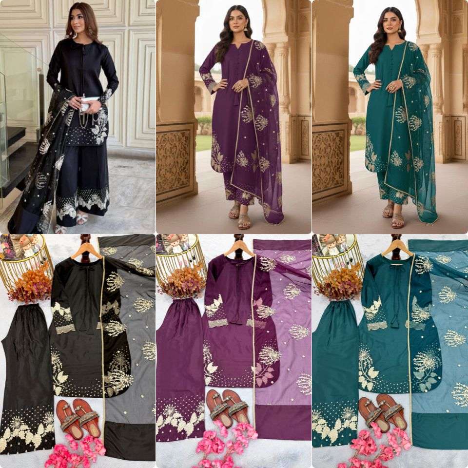 AD 202 CREPE DESIGNER PARTY WEAR LOOK LADIES 3PIECE SET COLLECTION 