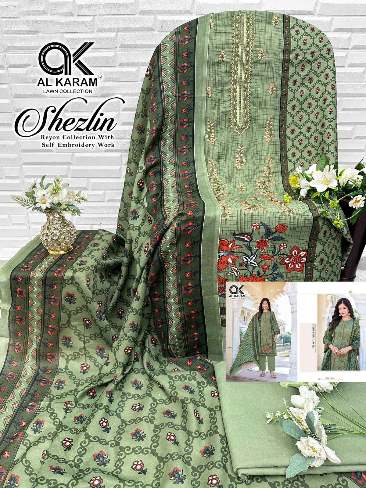 AL KARAM SHEZLIN RAYON COTTON PRINT WITH FANCY EMBROIDERY WORK SUIT