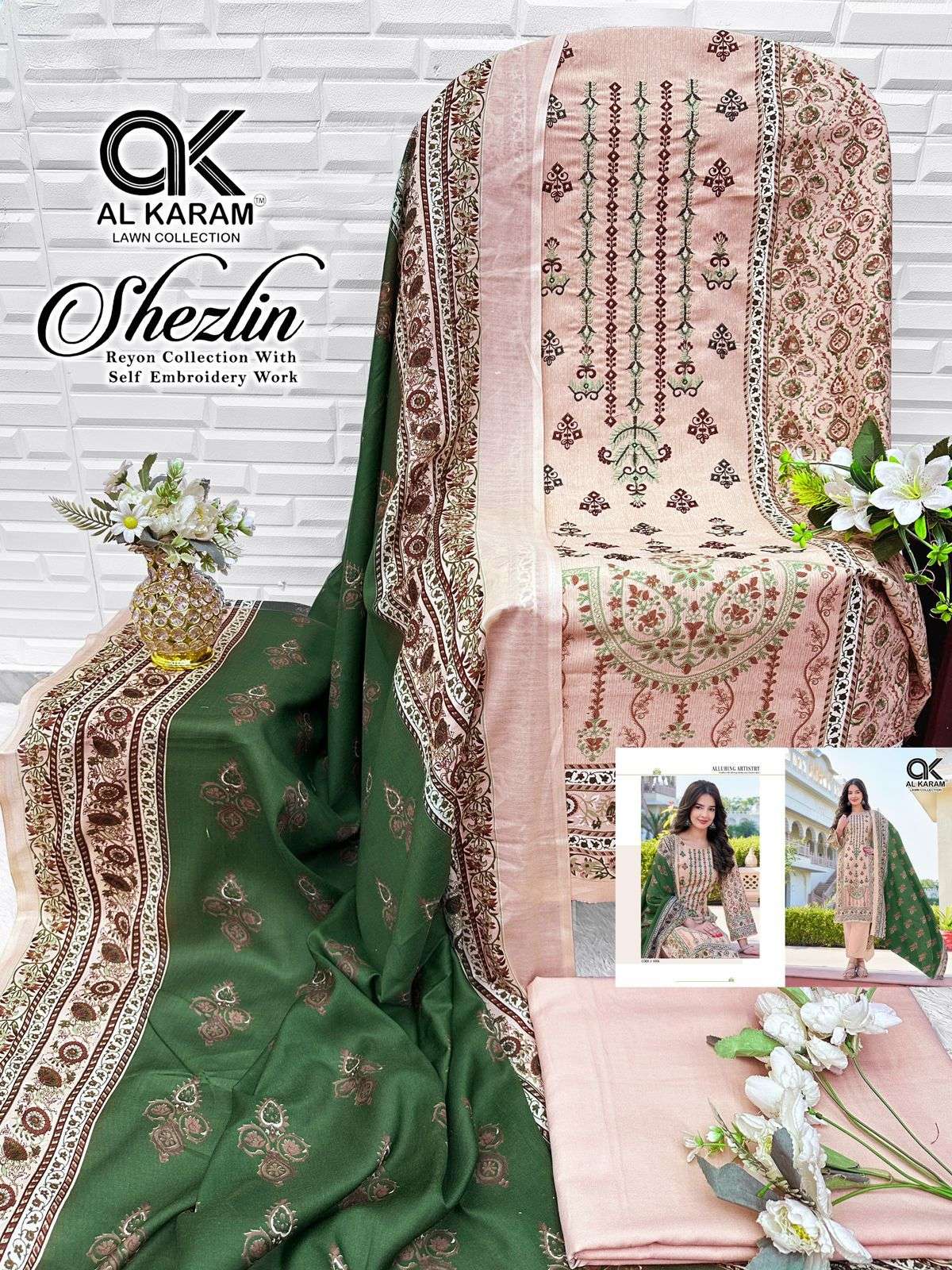 AL KARAM SHEZLIN RAYON COTTON PRINT WITH FANCY EMBROIDERY WORK SUIT