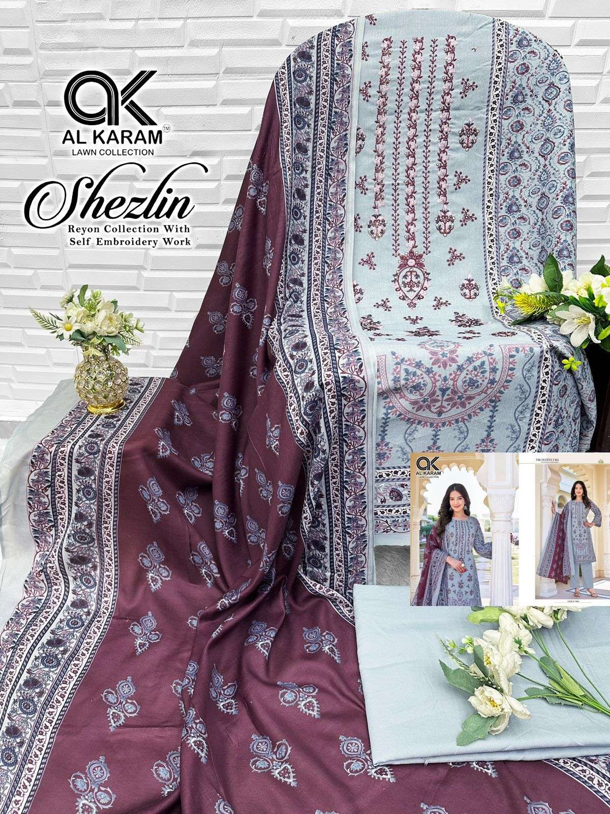 AL KARAM SHEZLIN RAYON COTTON PRINT WITH FANCY EMBROIDERY WORK SUIT