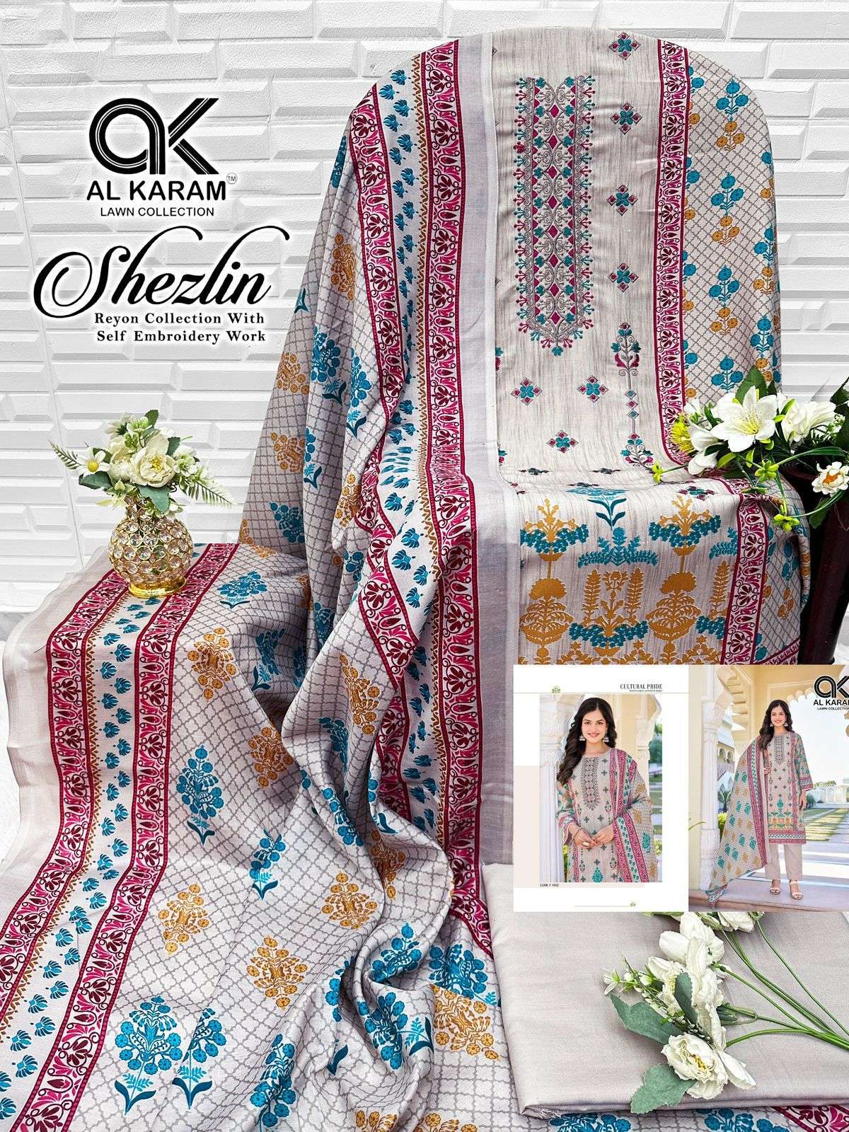 AL KARAM SHEZLIN RAYON COTTON PRINT WITH FANCY EMBROIDERY WORK SUIT