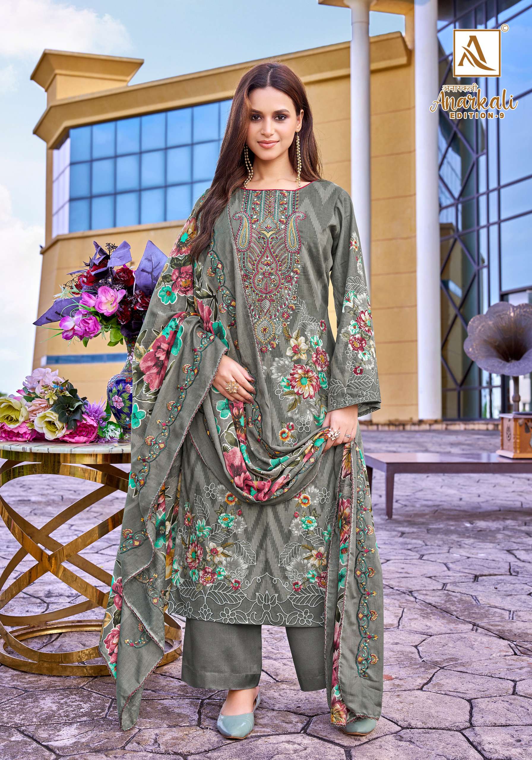 ALOK SUITS ANARKALI VOL 9 COTTON PRINT WITH FANCY EMBROIDERY WORK SUIT	