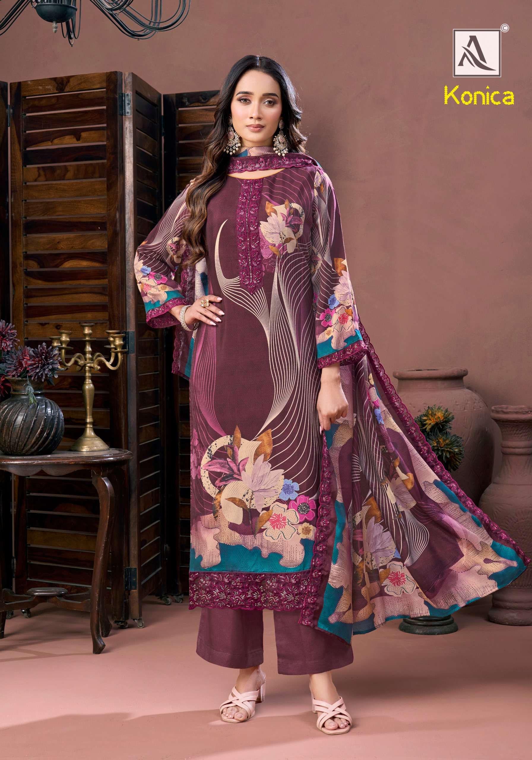 ALOK SUITS KONICA VISCOSE DIGITAL PRINT WITH FANCY EMBROIDERY WORK SUIT