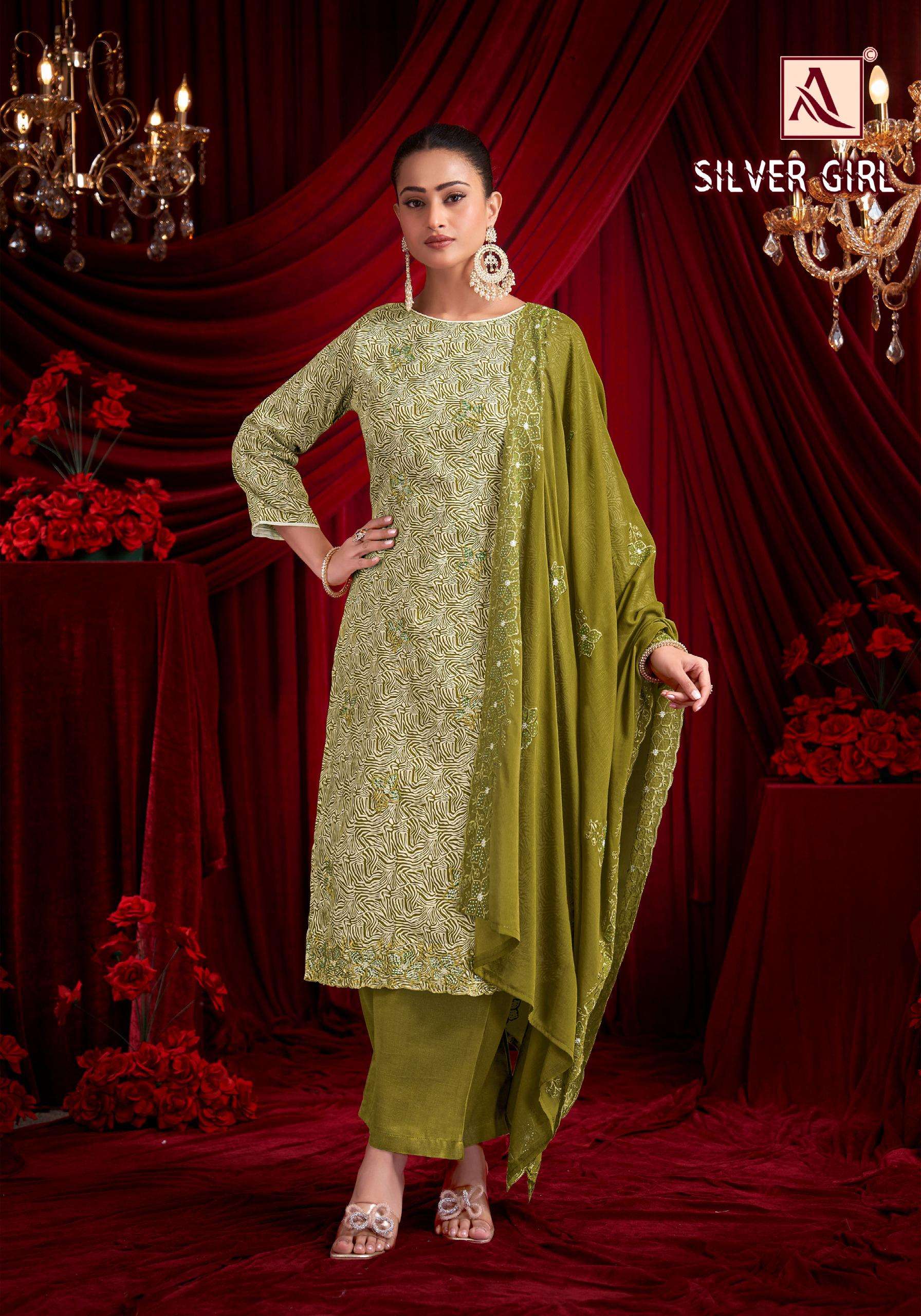 ALOK SUITS SILVER GIRL JAM COTTON PRINT WITH FANCY WORK SUITS 