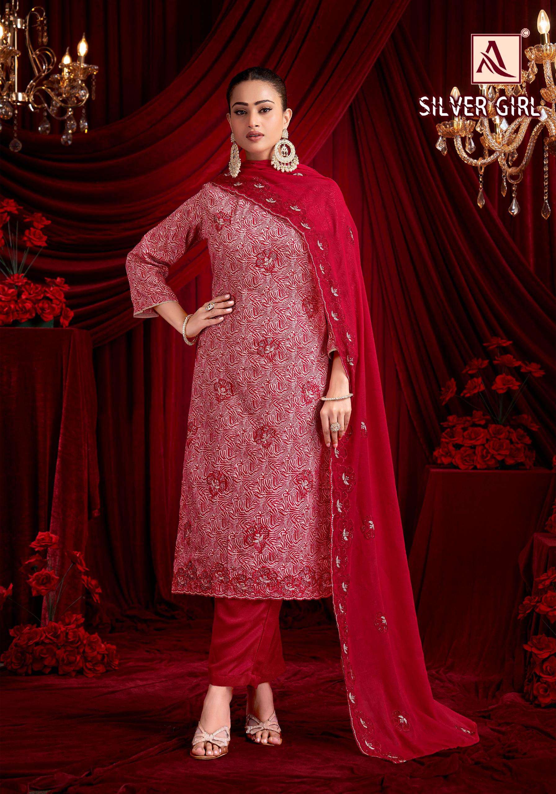 ALOK SUITS SILVER GIRL JAM COTTON PRINT WITH FANCY WORK SUITS 