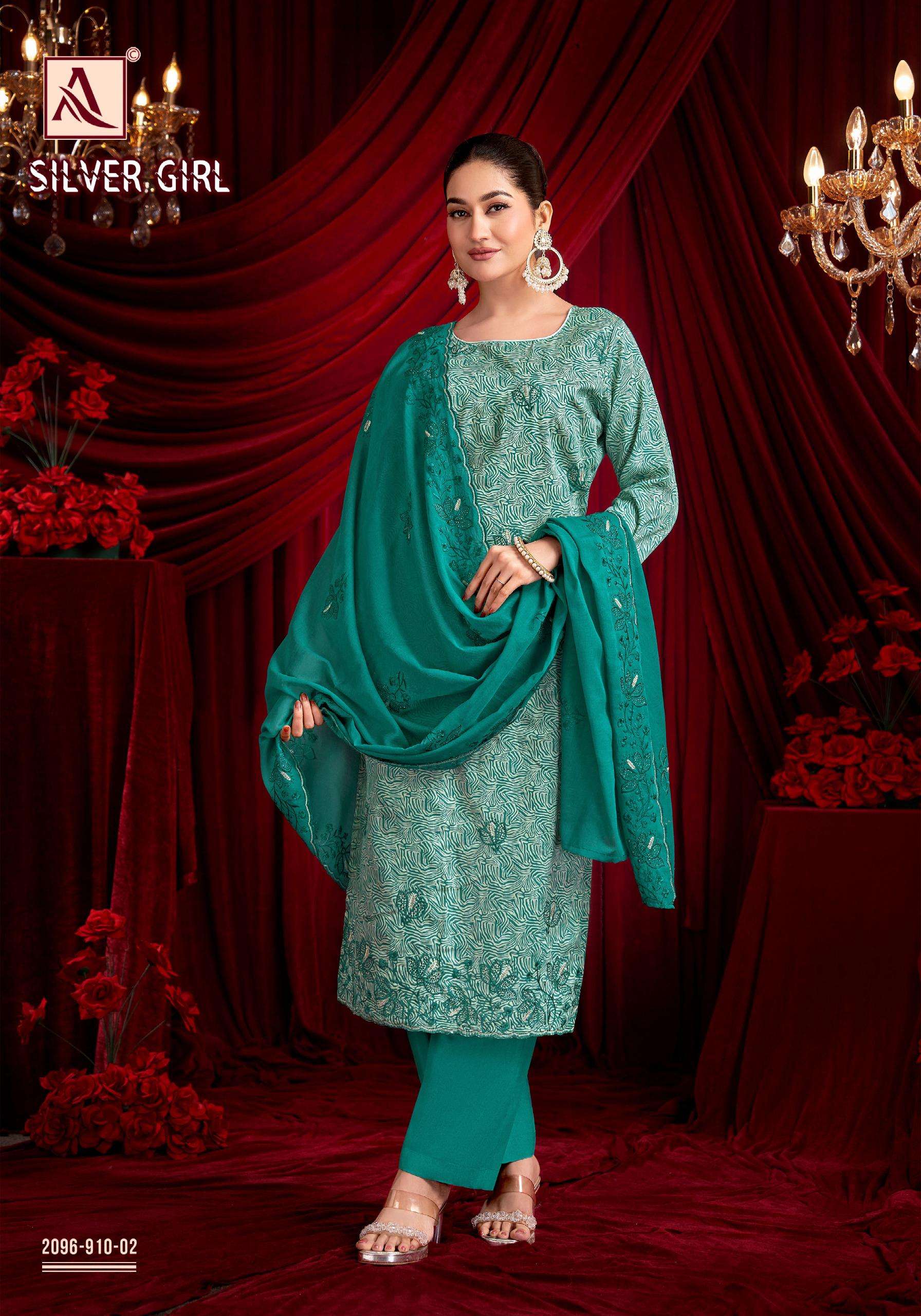 ALOK SUITS SILVER GIRL JAM COTTON PRINT WITH FANCY WORK SUITS 