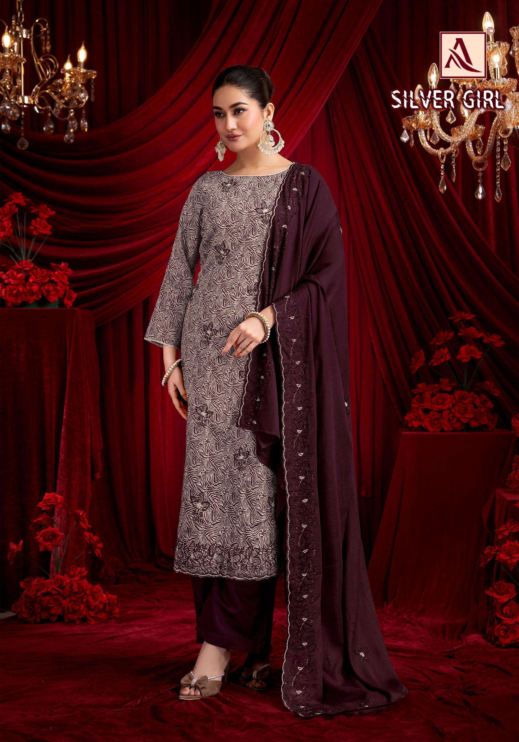 ALOK SUITS SILVER GIRL JAM COTTON PRINT WITH FANCY WORK SUITS 