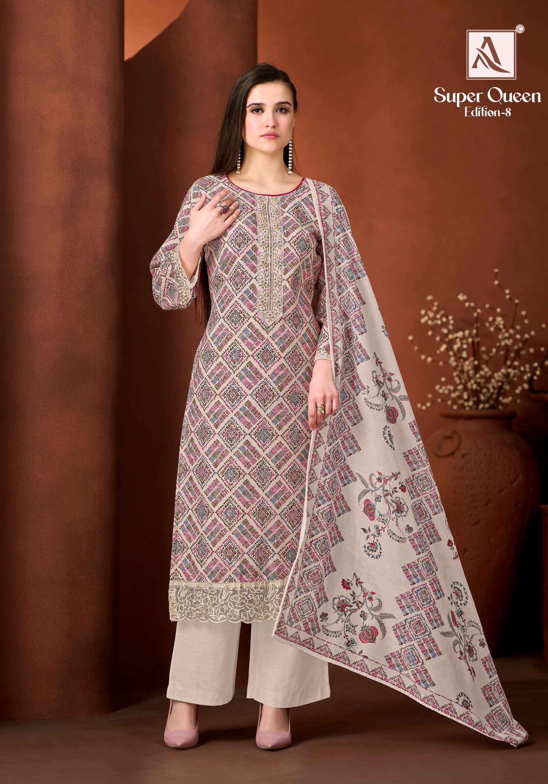 ALOK SUITS SUPER QUEEN EDITION 8 RAYON PRINT WITH FANCY WORK SUIT