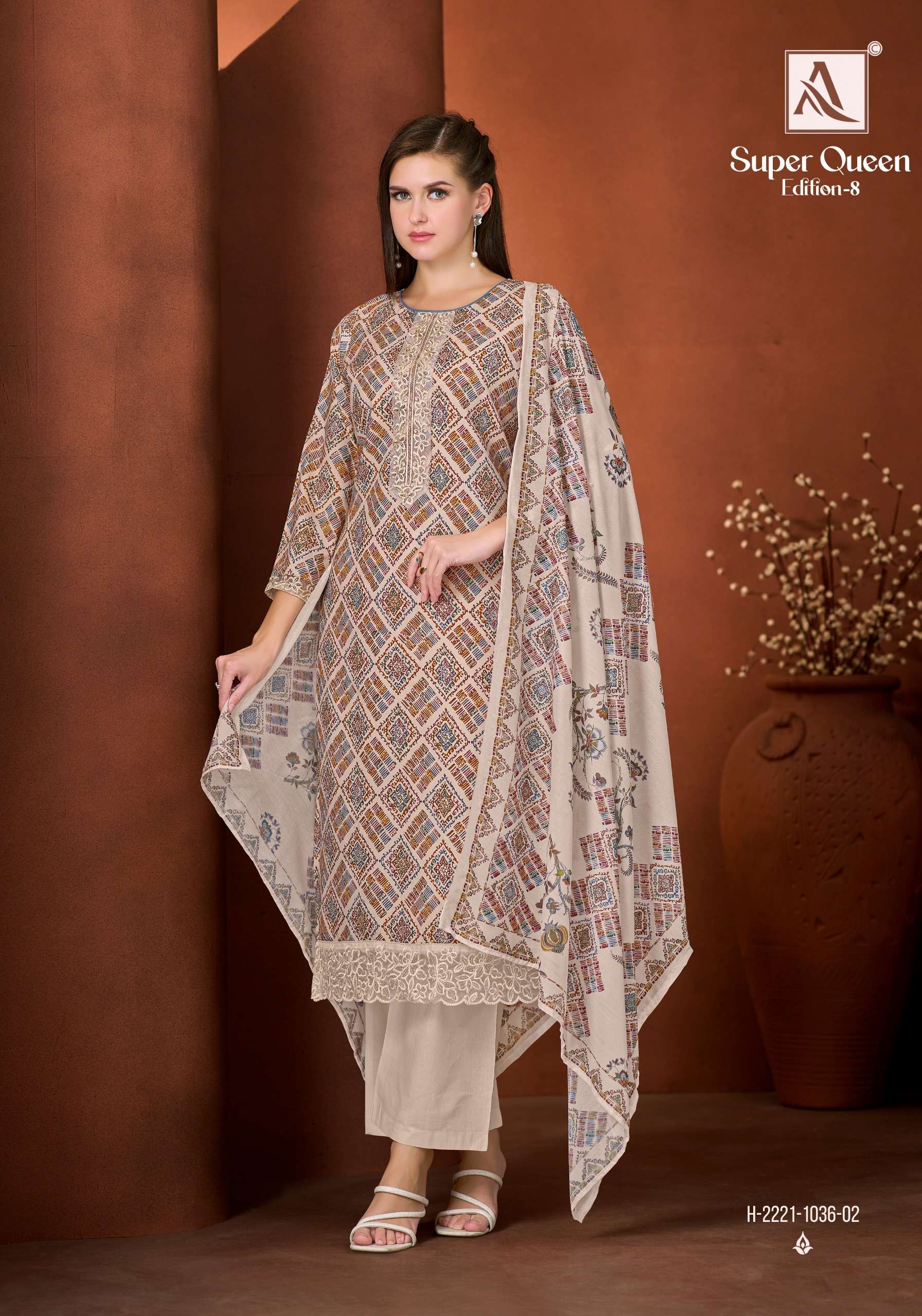 ALOK SUITS SUPER QUEEN EDITION 8 RAYON PRINT WITH FANCY WORK SUIT