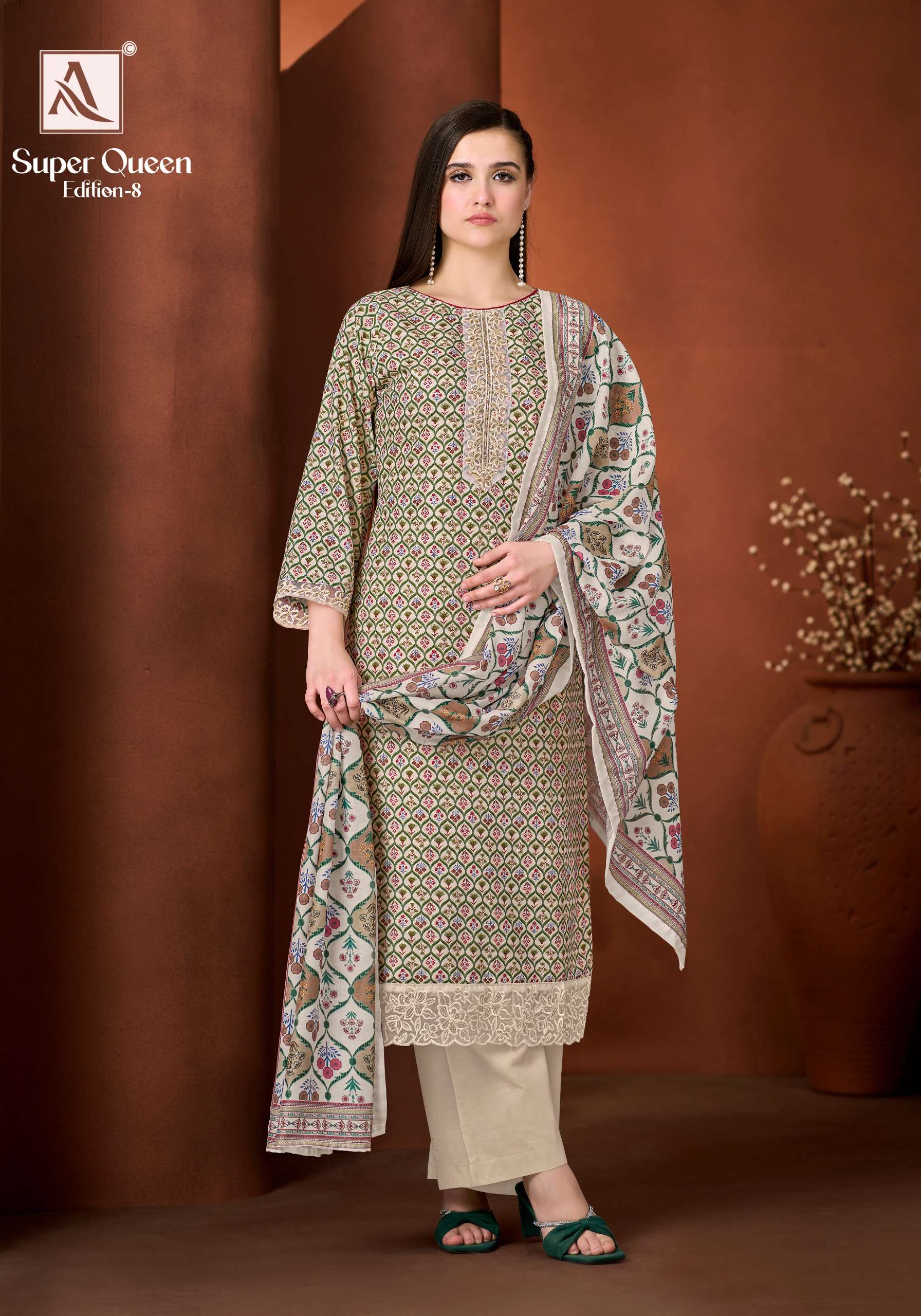 ALOK SUITS SUPER QUEEN EDITION 8 RAYON PRINT WITH FANCY WORK SUIT