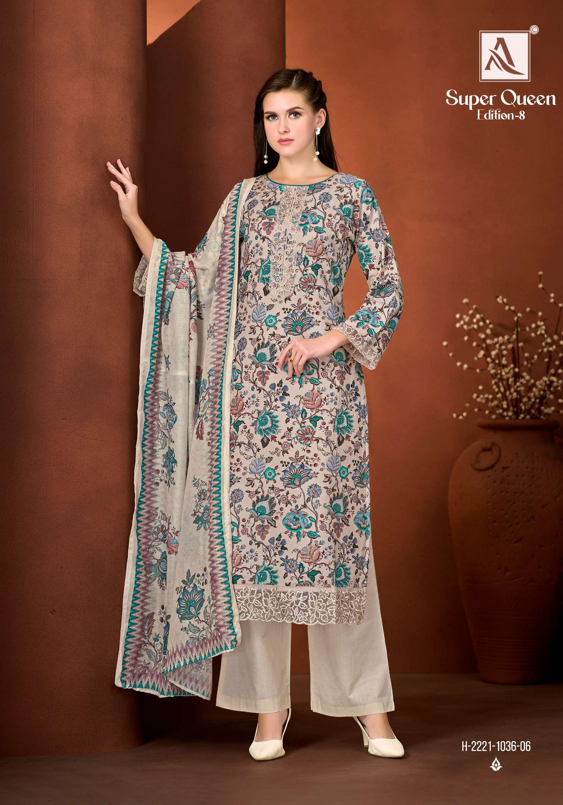 ALOK SUITS SUPER QUEEN EDITION 8 RAYON PRINT WITH FANCY WORK SUIT