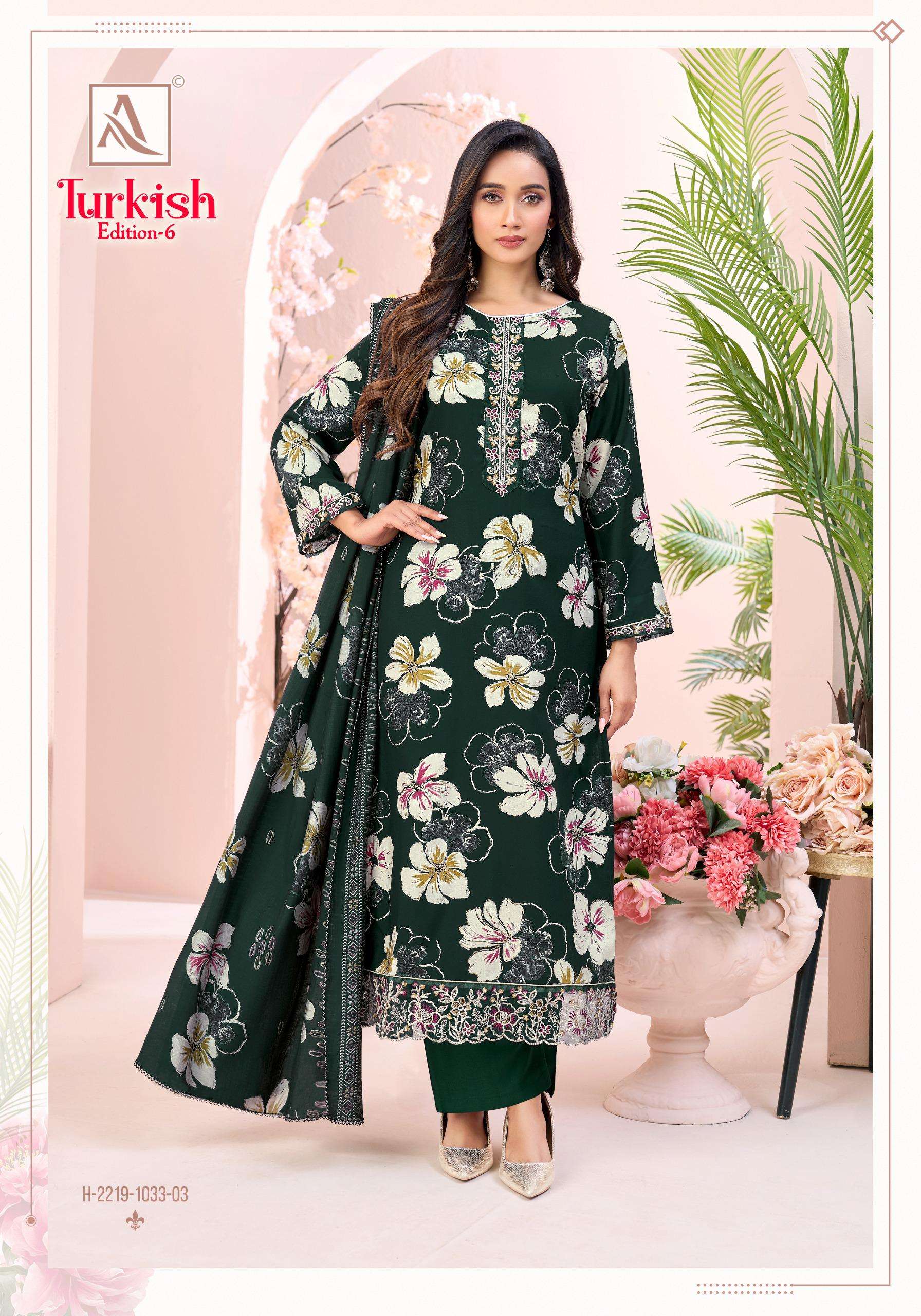 ALOK SUITS TURKISH EDITION 6 VISCOSE RAYON PRINT WITH FANCY WORK SUIT