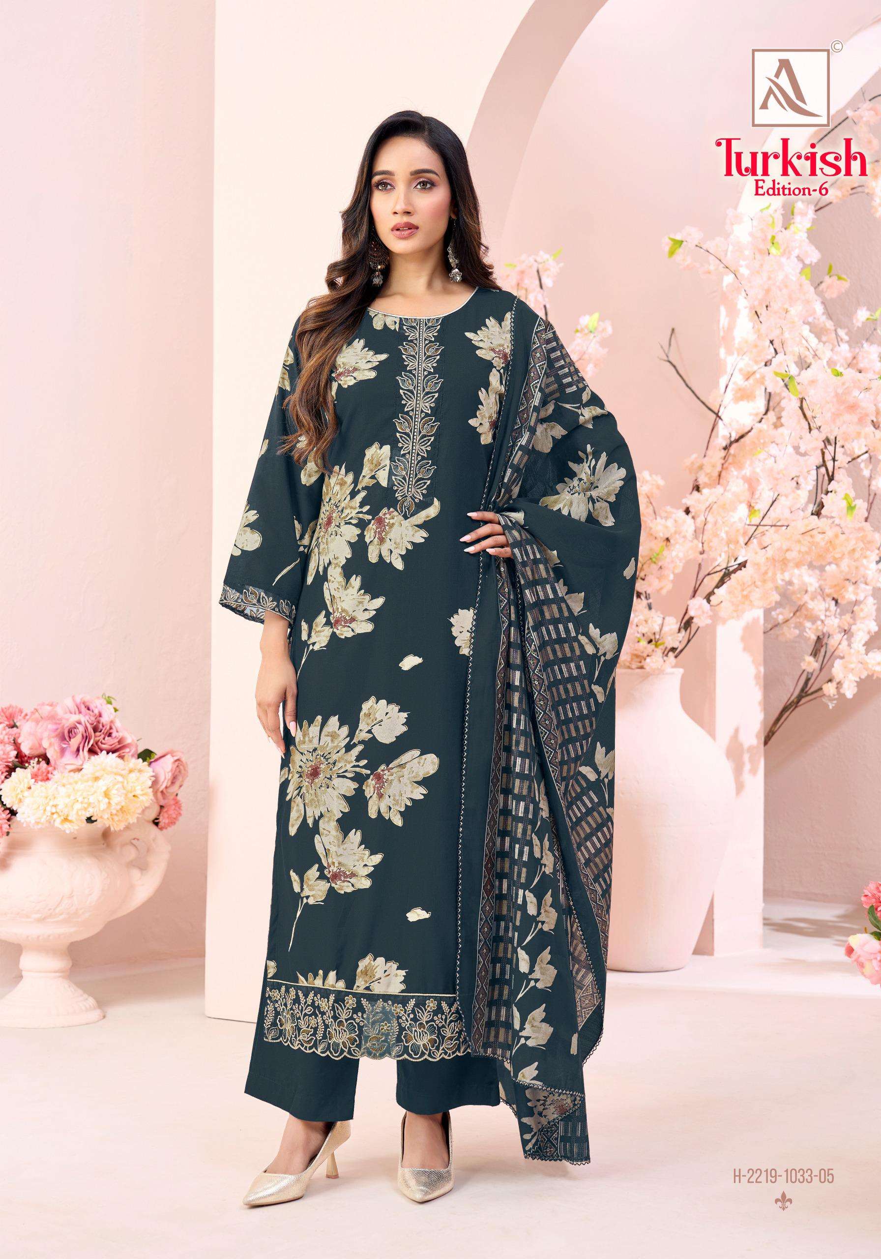 ALOK SUITS TURKISH EDITION 6 VISCOSE RAYON PRINT WITH FANCY WORK SUIT