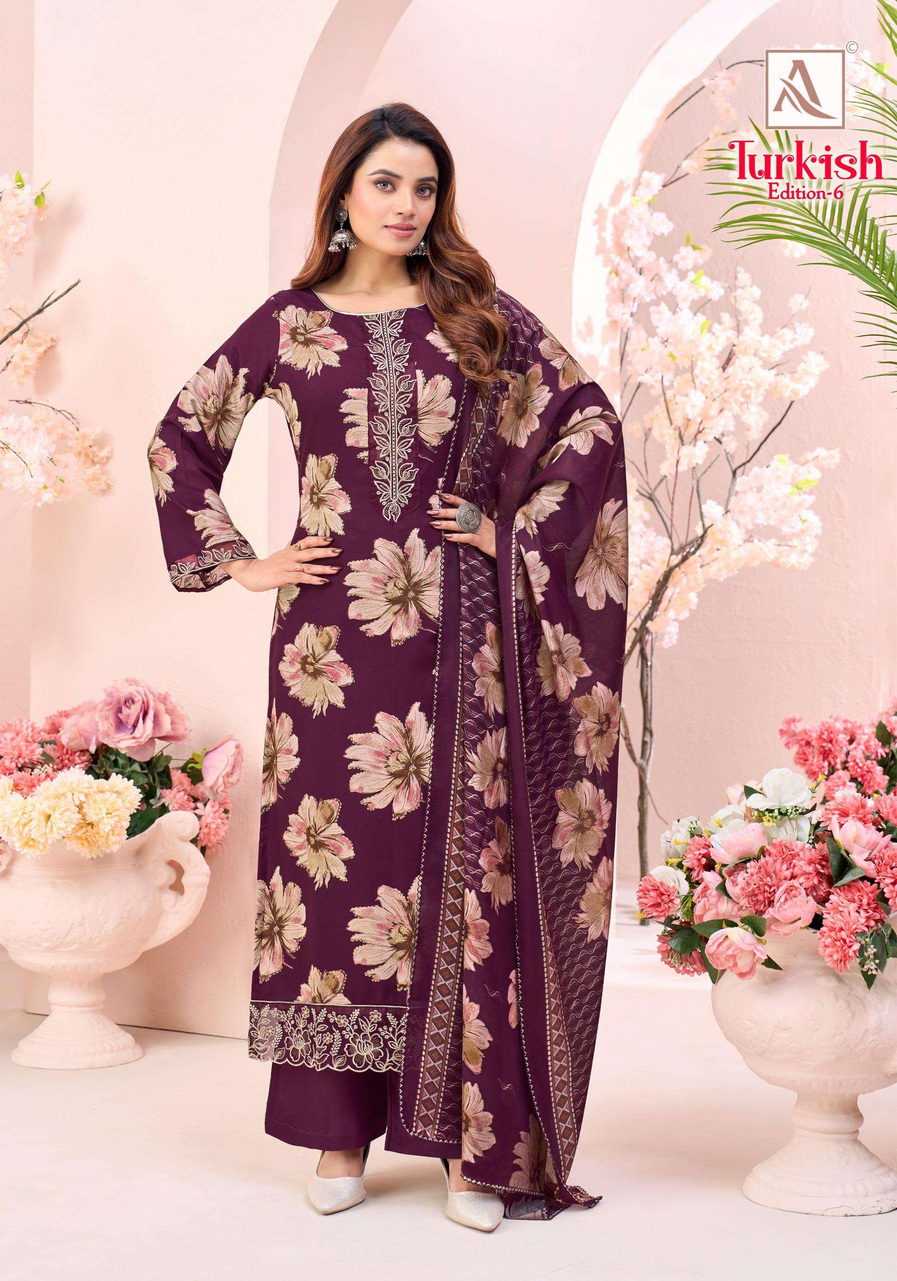 ALOK SUITS TURKISH EDITION 6 VISCOSE RAYON PRINT WITH FANCY WORK SUIT