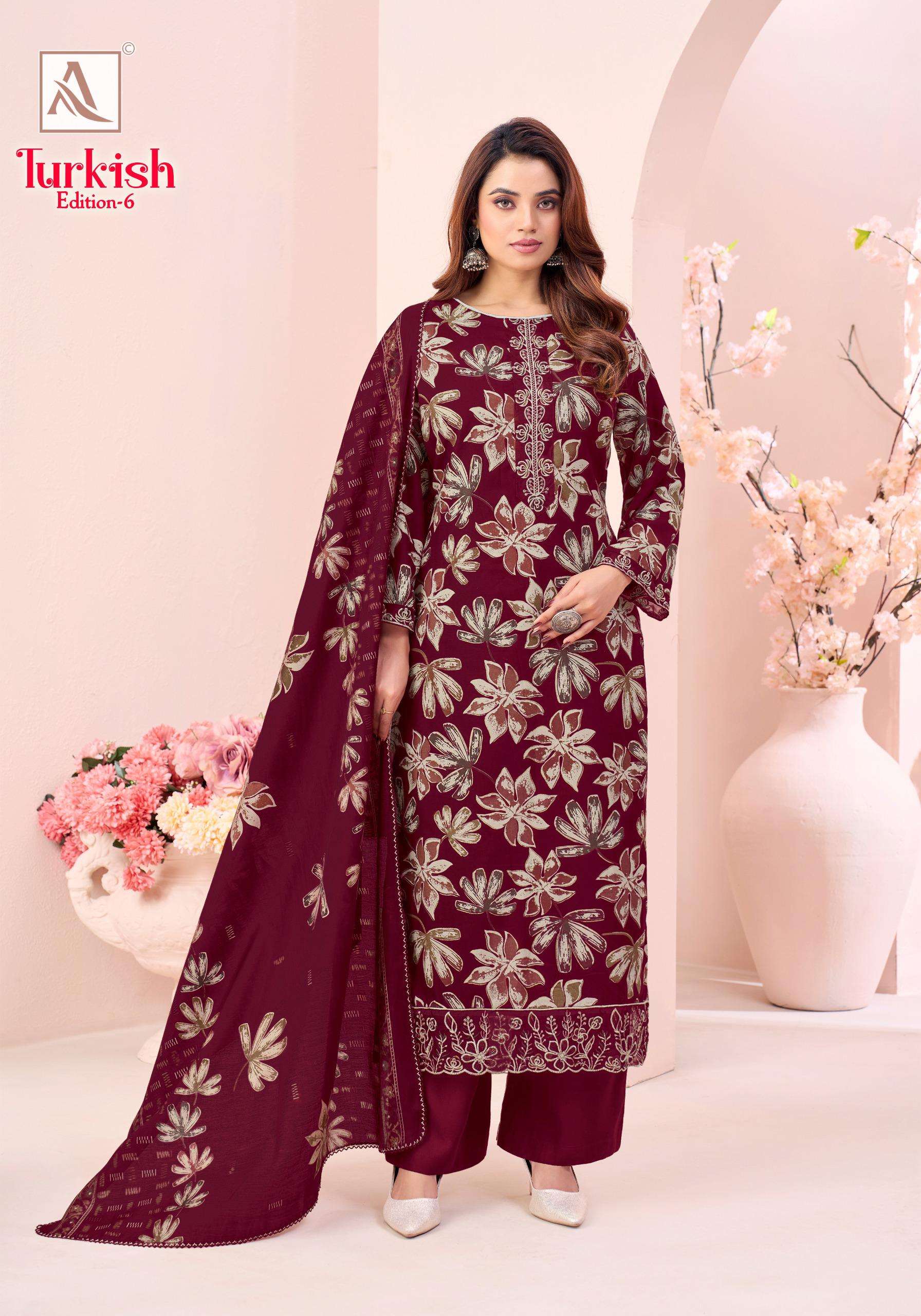 ALOK SUITS TURKISH EDITION 6 VISCOSE RAYON PRINT WITH FANCY WORK SUIT
